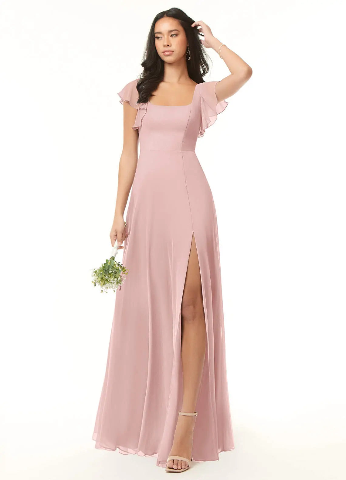 Bondi A-Line Square-Neck Chiffon Bridesmaid Dress in Powder Pink