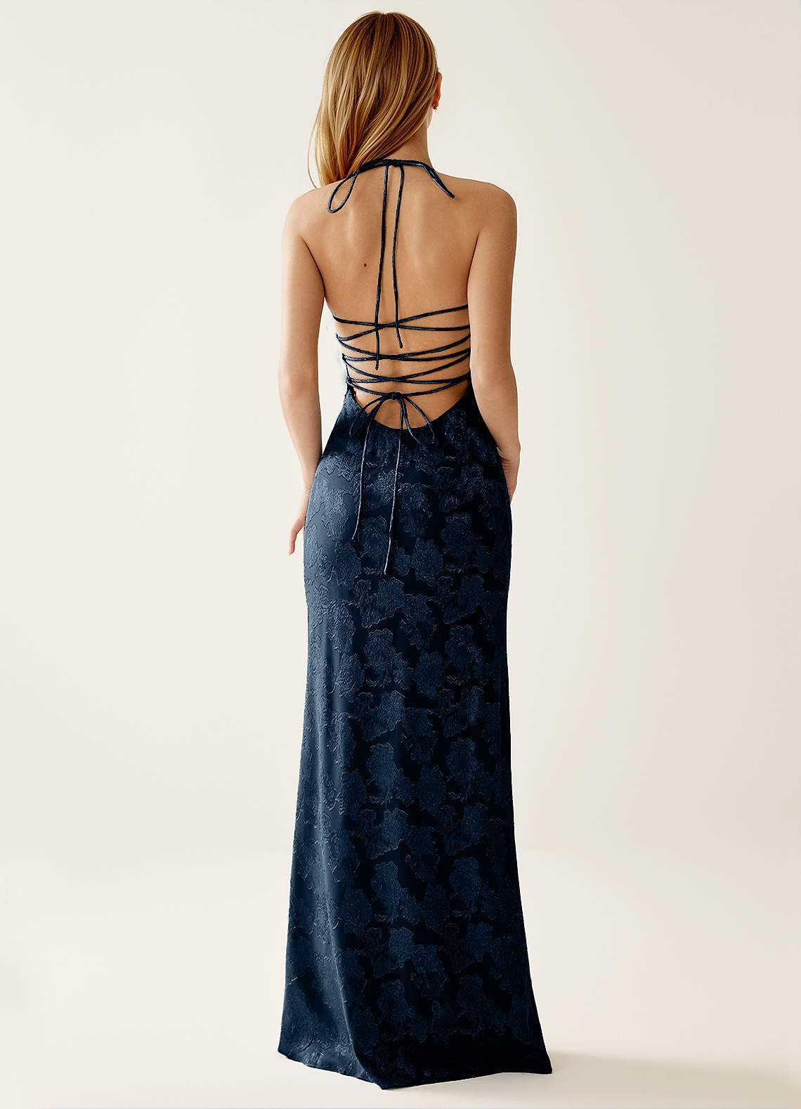 Angena Sheath Halter Floral Burnout Evening Dress in Navy