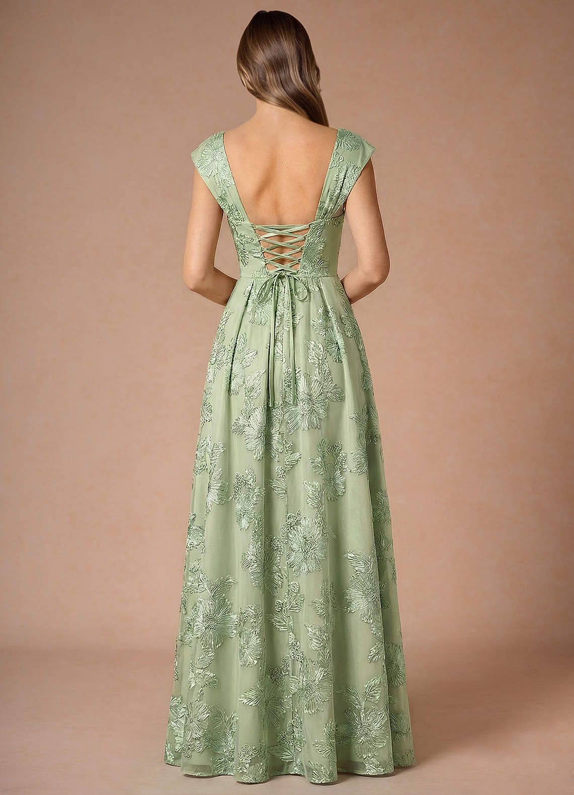 Hazel A-Line Cowl-Neck Floral Mesh Wedding Guest Dress in Light Green