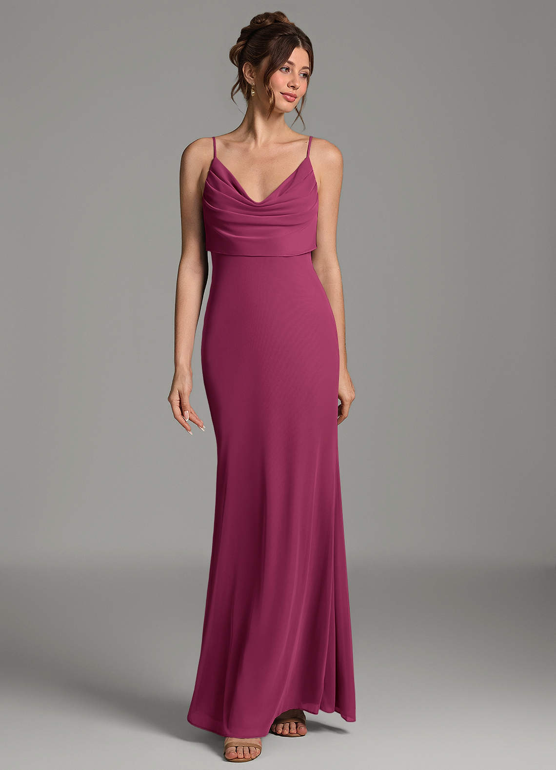 Zari Mermaid Cowl-Neck Mesh Bridesmaid Dress in Mulberry