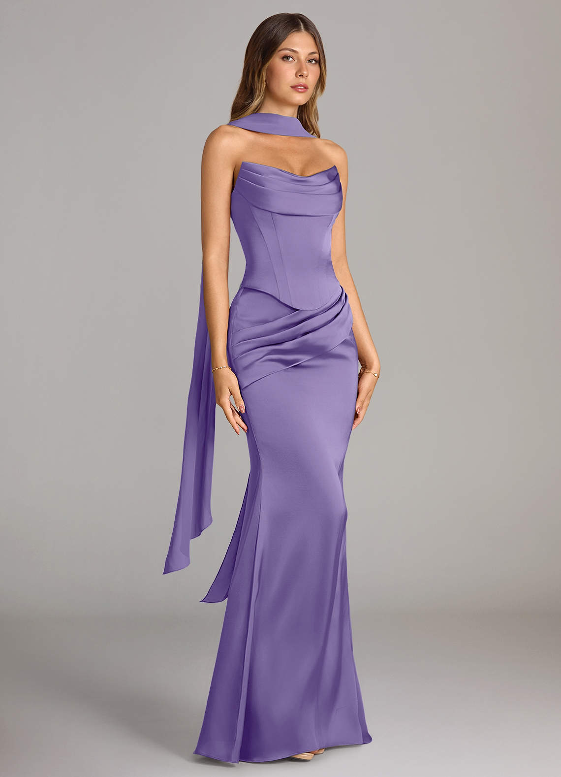 Sorrel Mermaid Cowl-Neck Stretch Satin and Chiffon Bridesmaid Dress in Tahiti