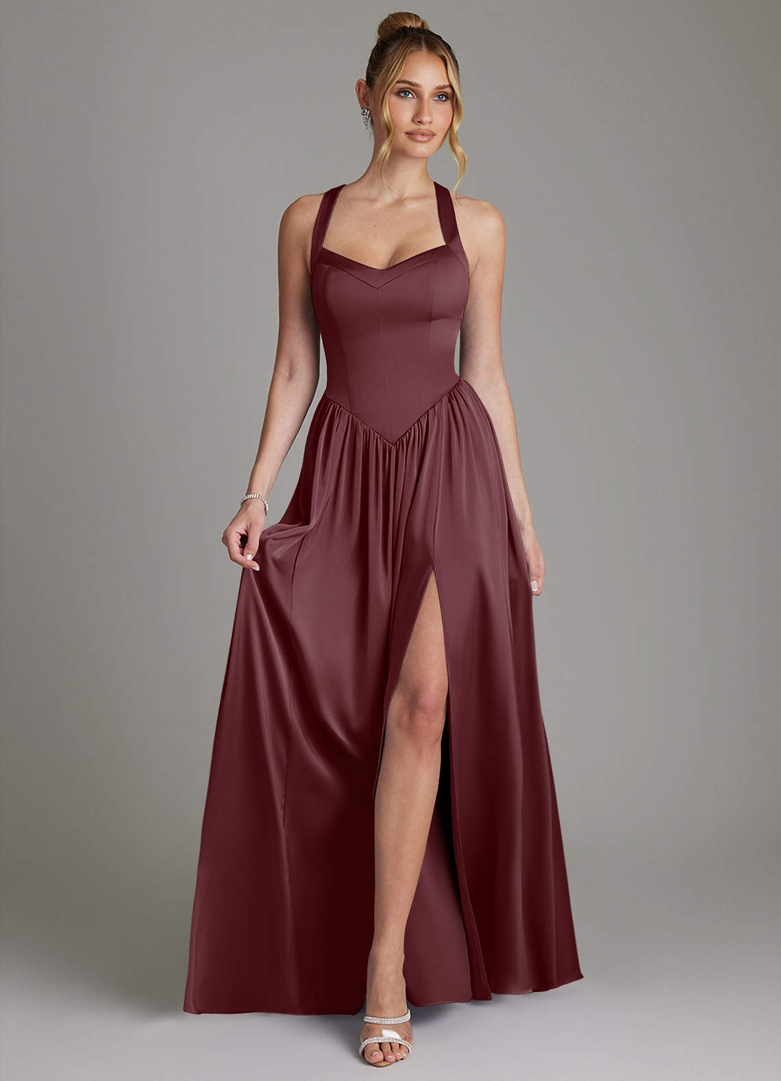 Francis A-Line V-Neck Stretch Satin Bridesmaid Dress in Sangria