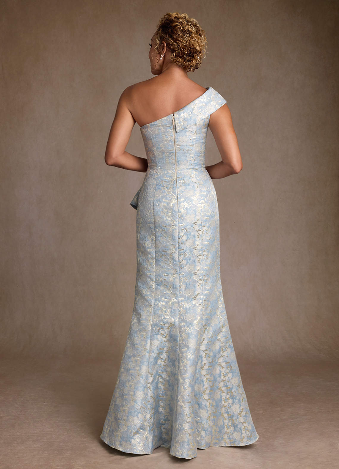 Hampton Mermaid One-Shoulder Jacquard Mother of the Bride Dress in dusty blue
