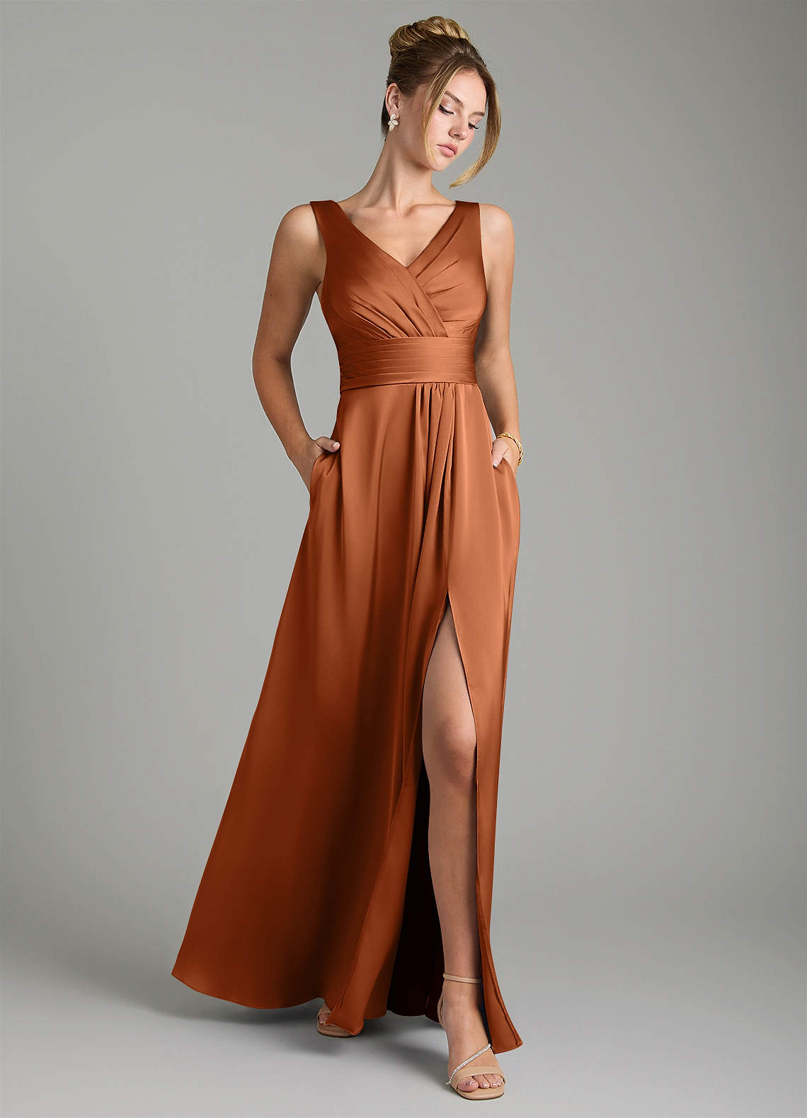 Karina A-Line V-Neck Stretch Satin Bridesmaid Dress in Copper