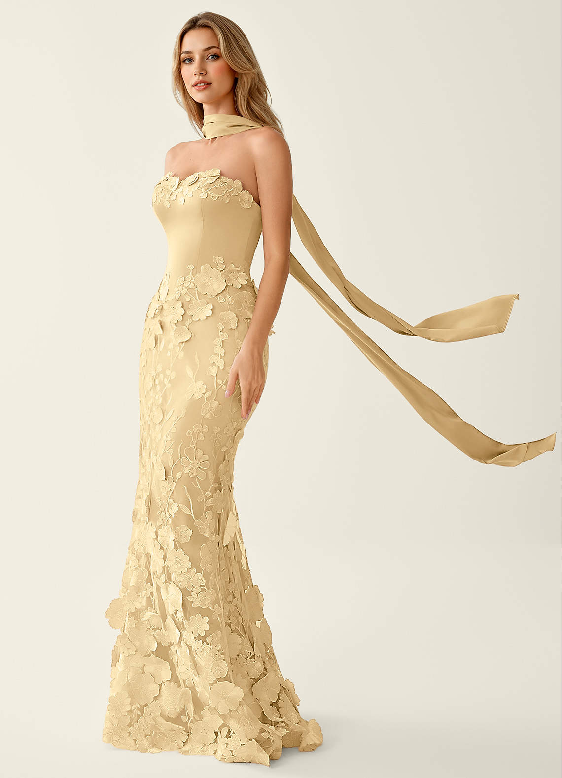 Wrensincia Mermaid Strapless Crystal Linen Satin Evening Dress in Dark Champagne