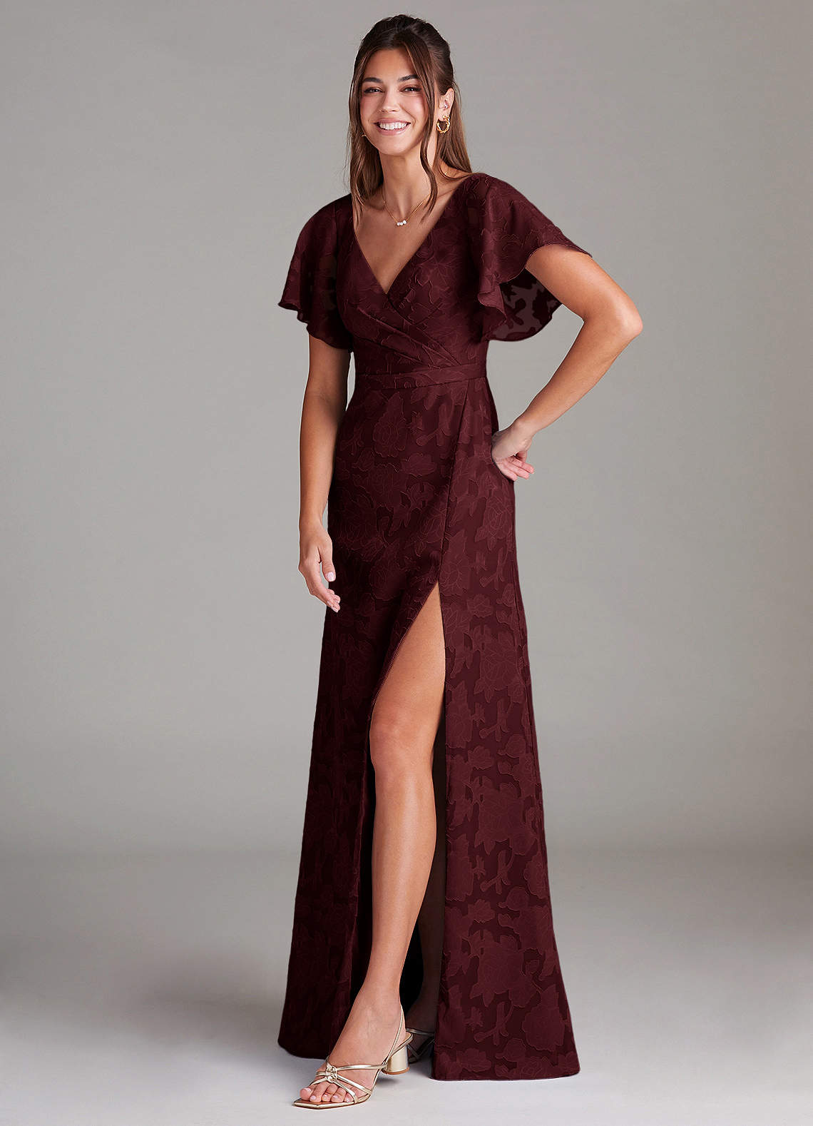 Ambrosia A-Line V-Neck Floral Burnout Bridesmaid Dress in Cabernet