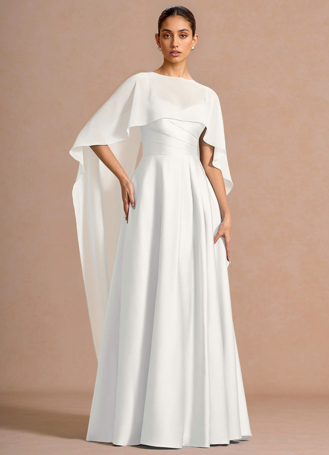 Nancy A-Line V-Neck Stretch Satin and Chiffon Evening Dress in White