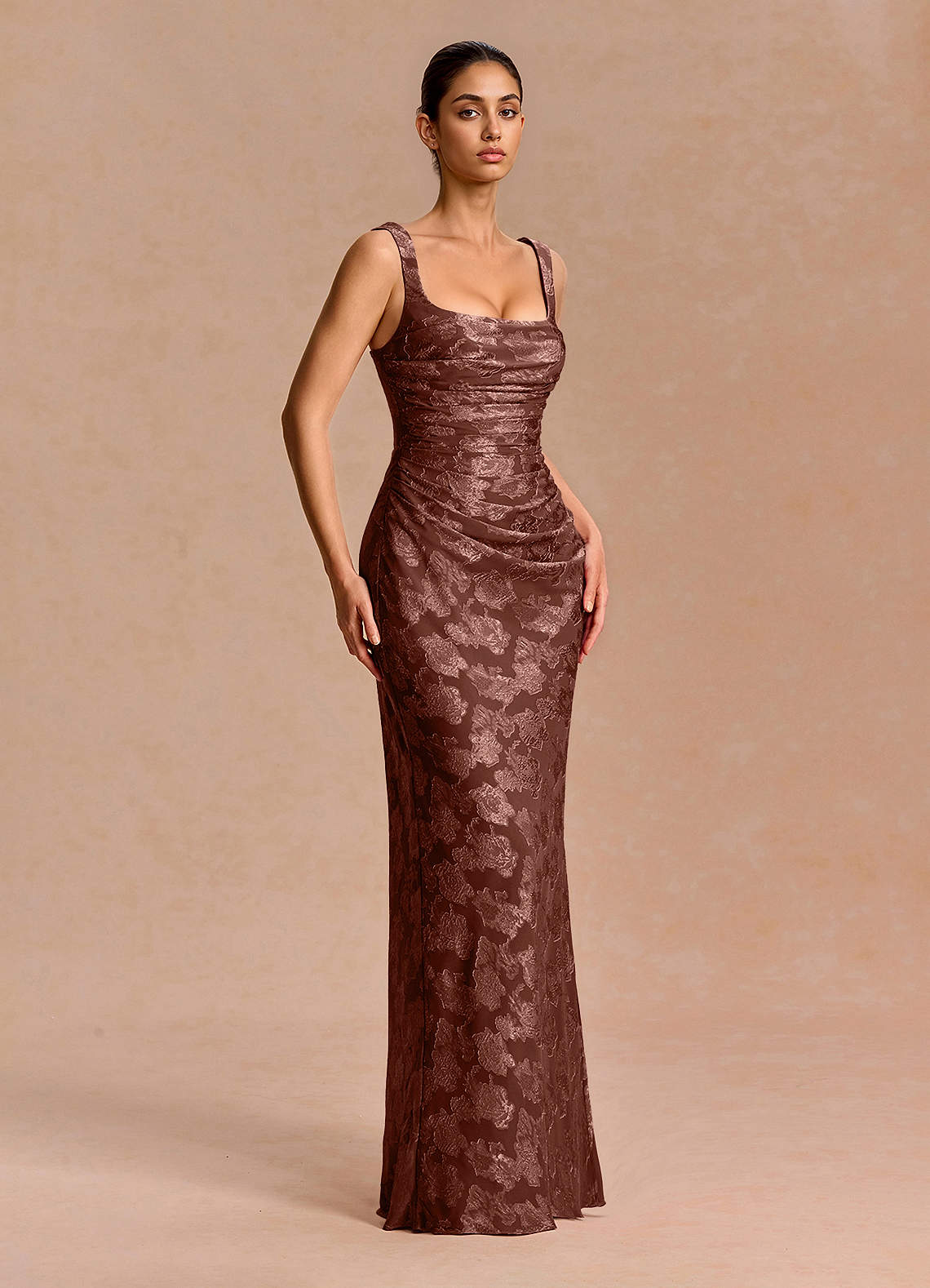 Agustina Square-Neck Pleated Fil Coupé Evening Dress in Lemon Sorbet