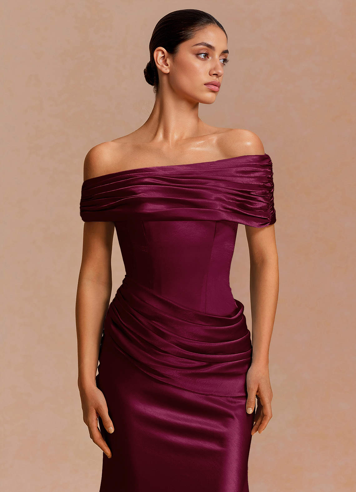 Leonie Strapless Draped-Shoulder Satin Evening Dress in Cabernet