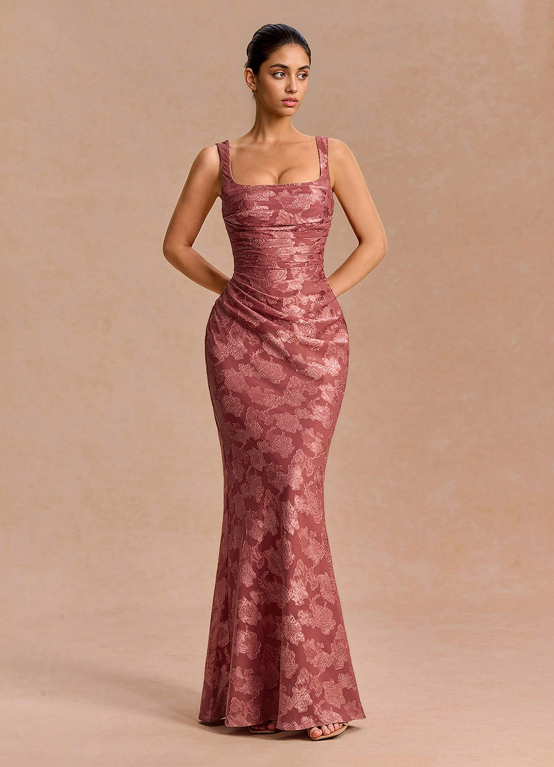 Agustina Square-Neck Pleated Fil Coupé Evening Dress in Vintage Rose