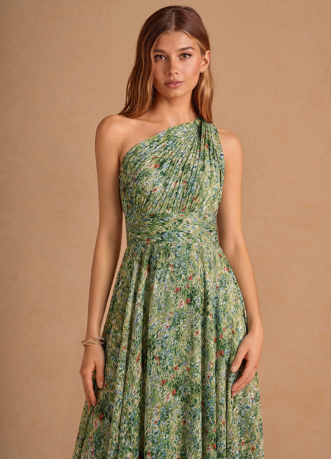 Noelle A-Line Twisted-Shoulder Chiffon Wedding Guest Dress in Green Floral