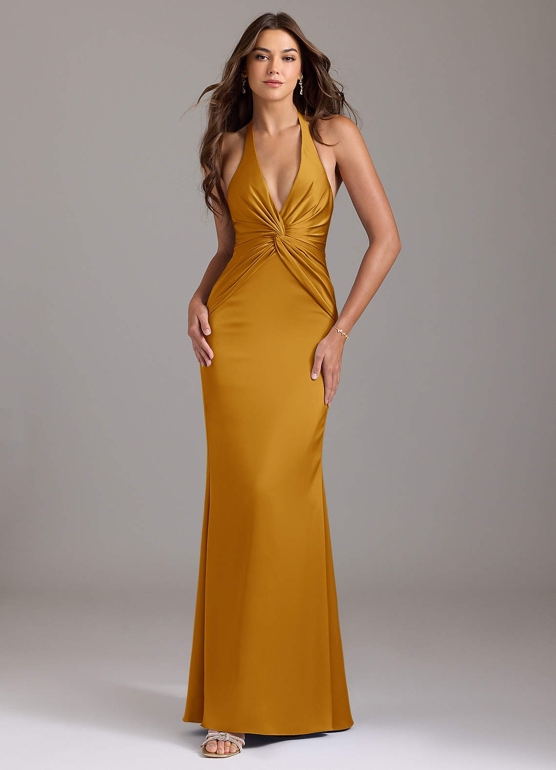 Valerie Mermaid V-Neck Stretch Satin Bridesmaid Dress in butterscotch