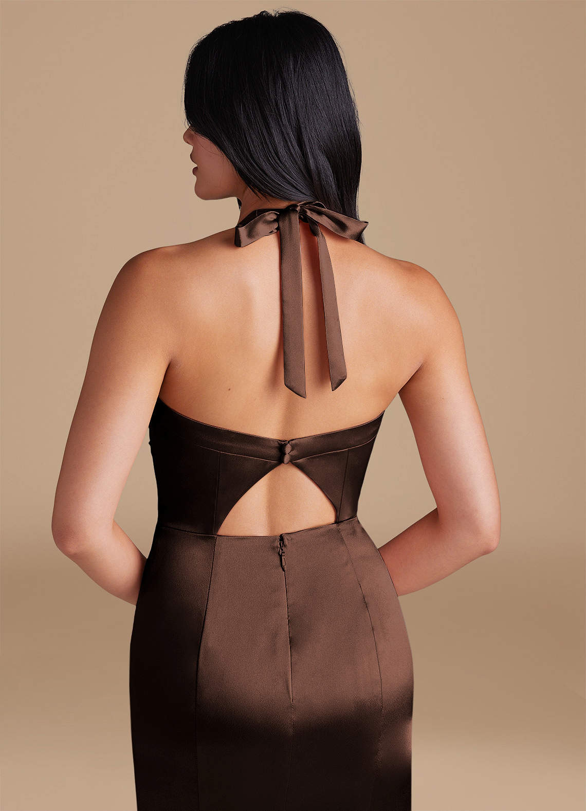 Emeria Sheath Halter Metallic Satin Bridesmaid Dress in Ganache