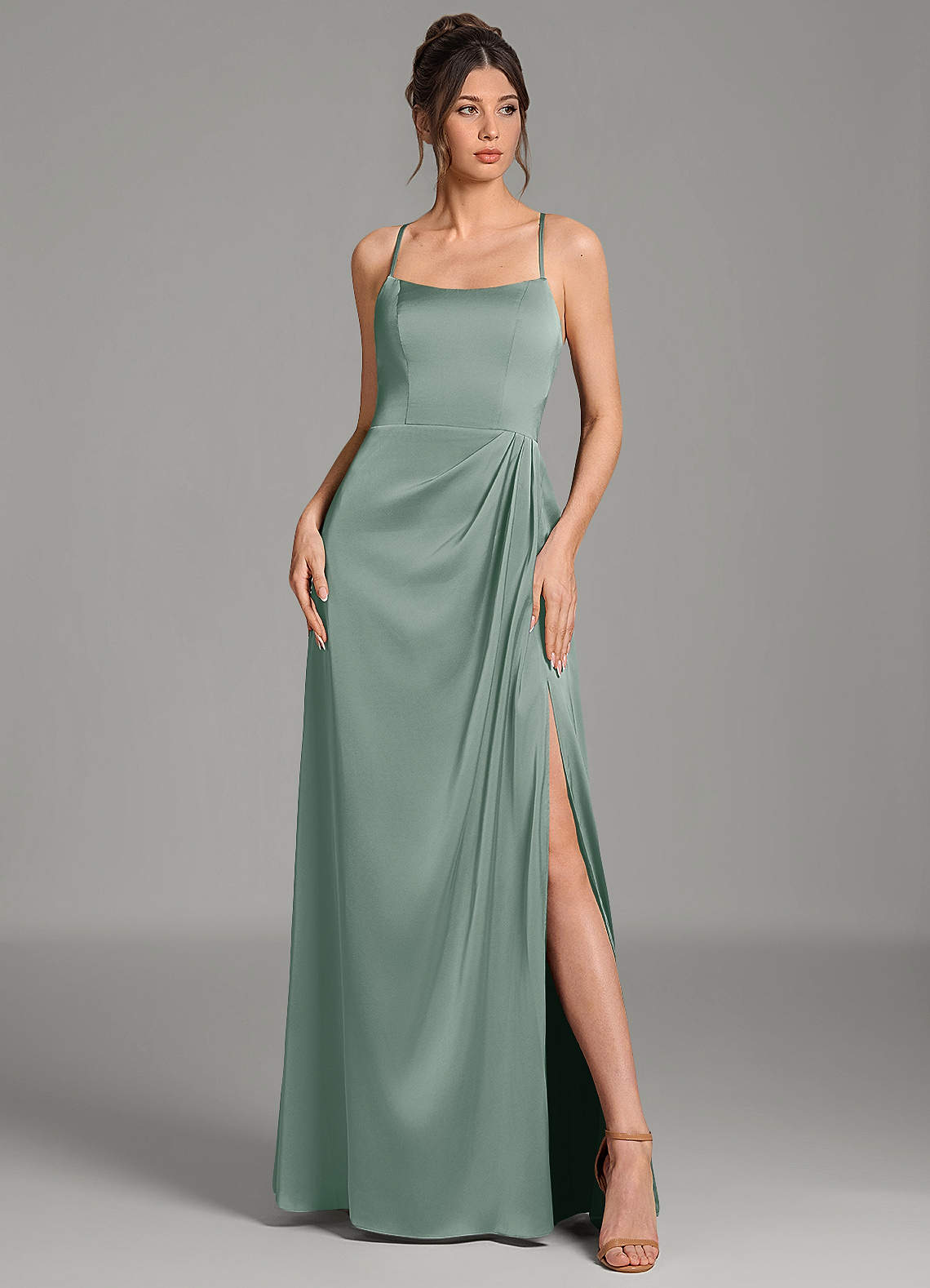 Frankie A-Line Scoop-Neck Stretch Satin Bridesmaid Dress in Silver Sage