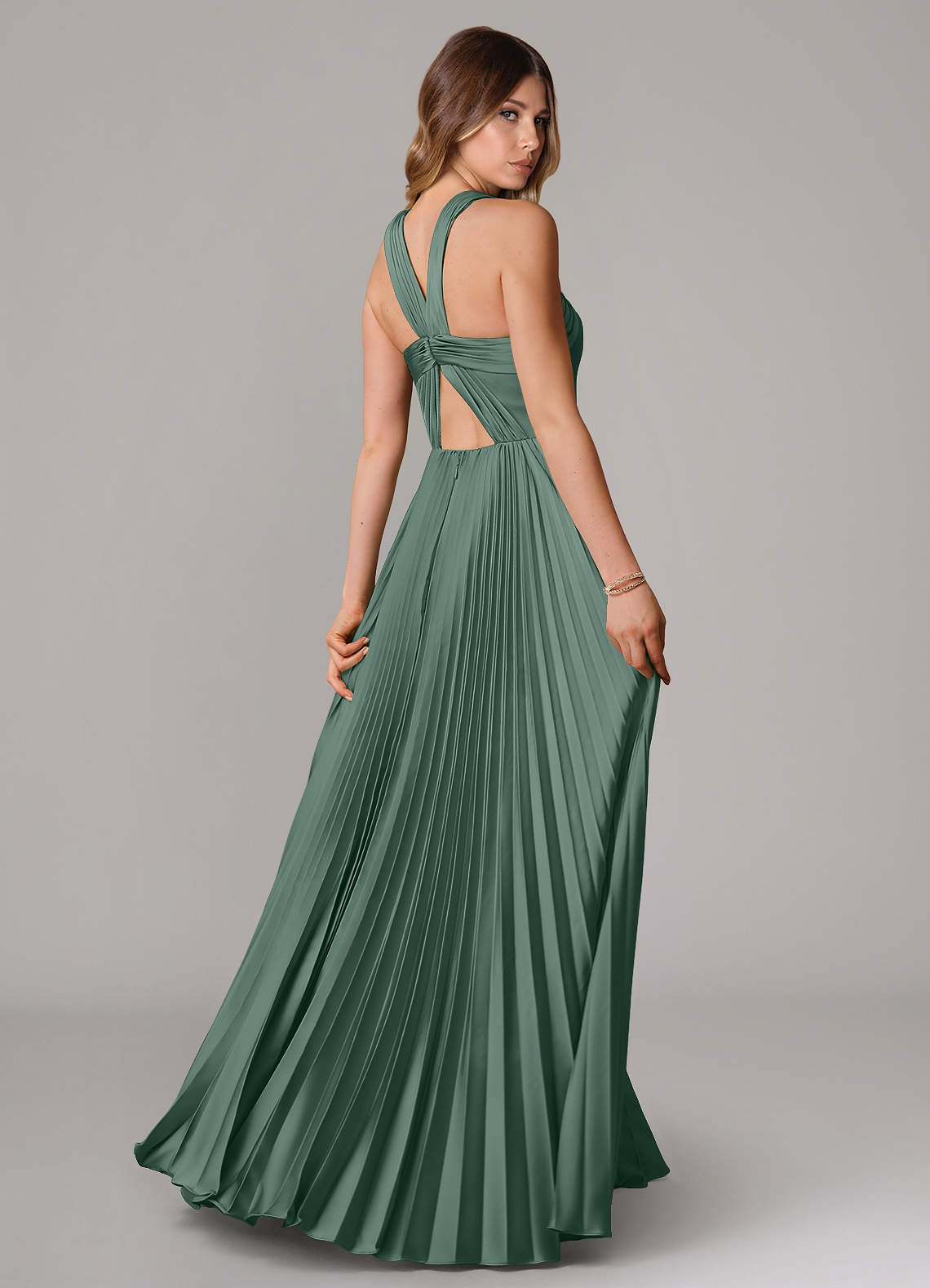 Afra A-Line Halter-Neck Stretch Satin Bridesmaid Dress in Eucalyptus