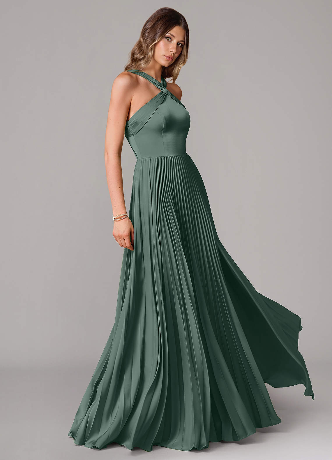 Afra A-Line Halter-Neck Stretch Satin Bridesmaid Dress in Sea Moss