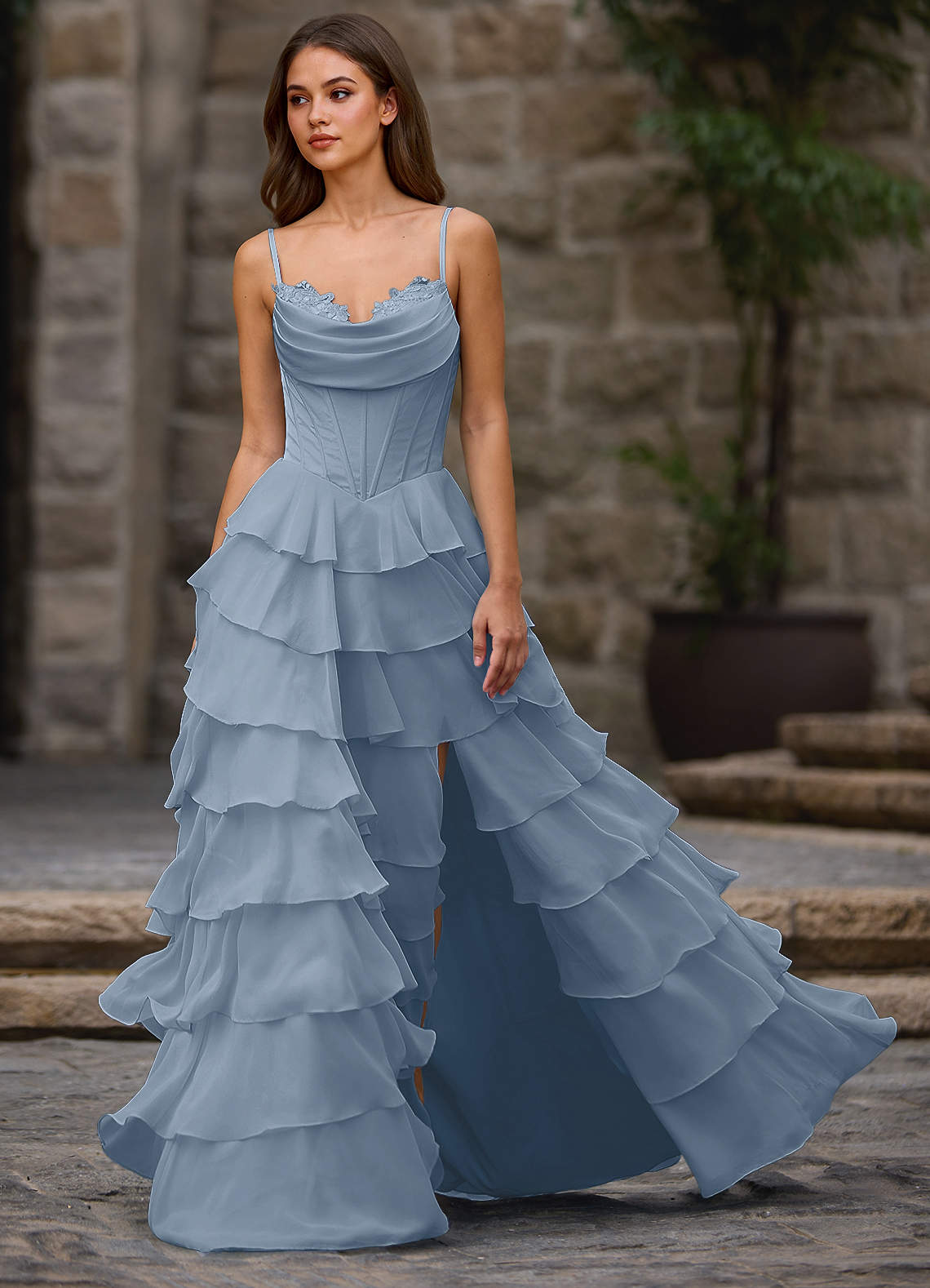 Floralace A-Line Ruffle Chiffon Evening Dress in Powder Blue
