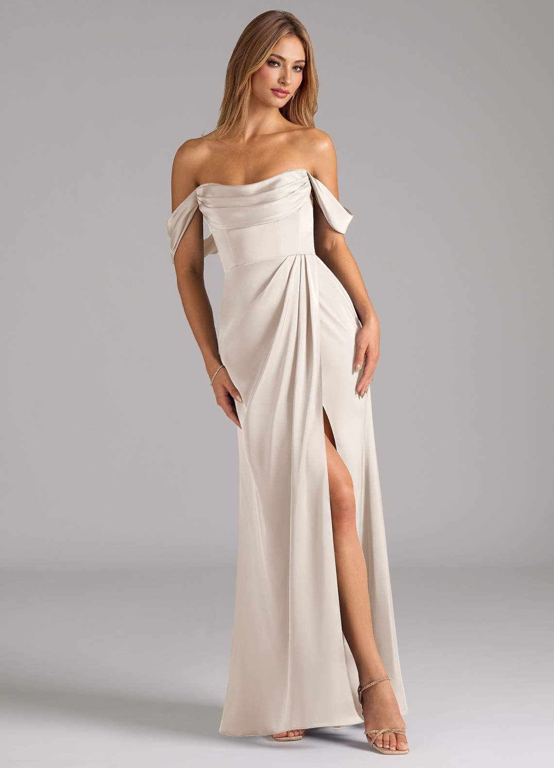 Johana Mermaid Off-the-Shoulder Stretch Satin Bridesmaid Dress in White Alabaster