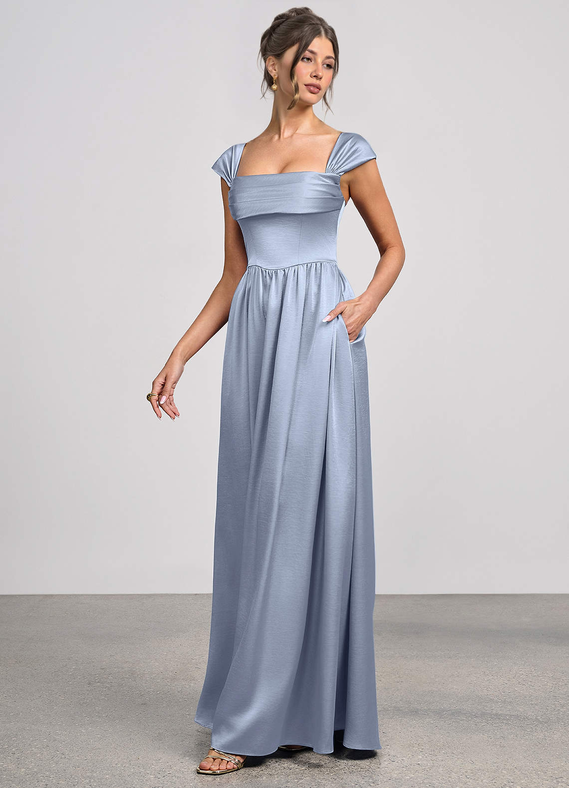 Odette A-Line Corset Luminous Satin Evening Dress in dusty blue