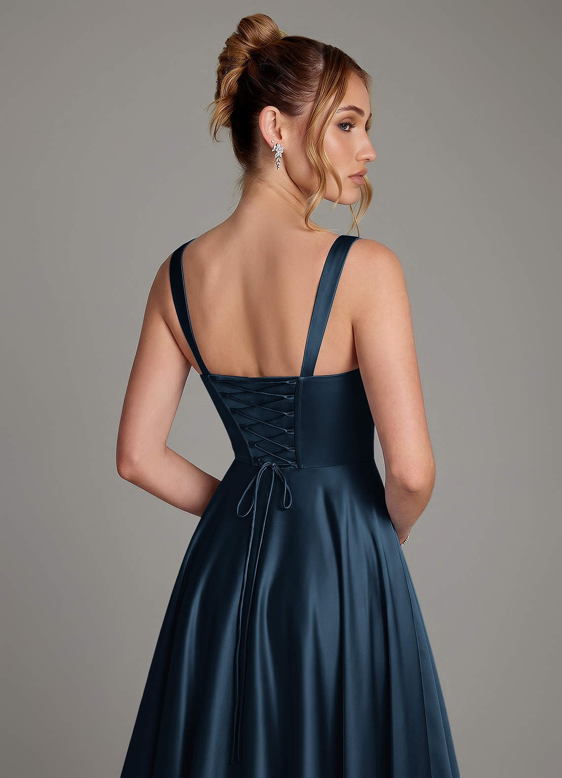 Azaria A-Line Square-Neck Stretch Satin Bridesmaid Dress in Dark Navy