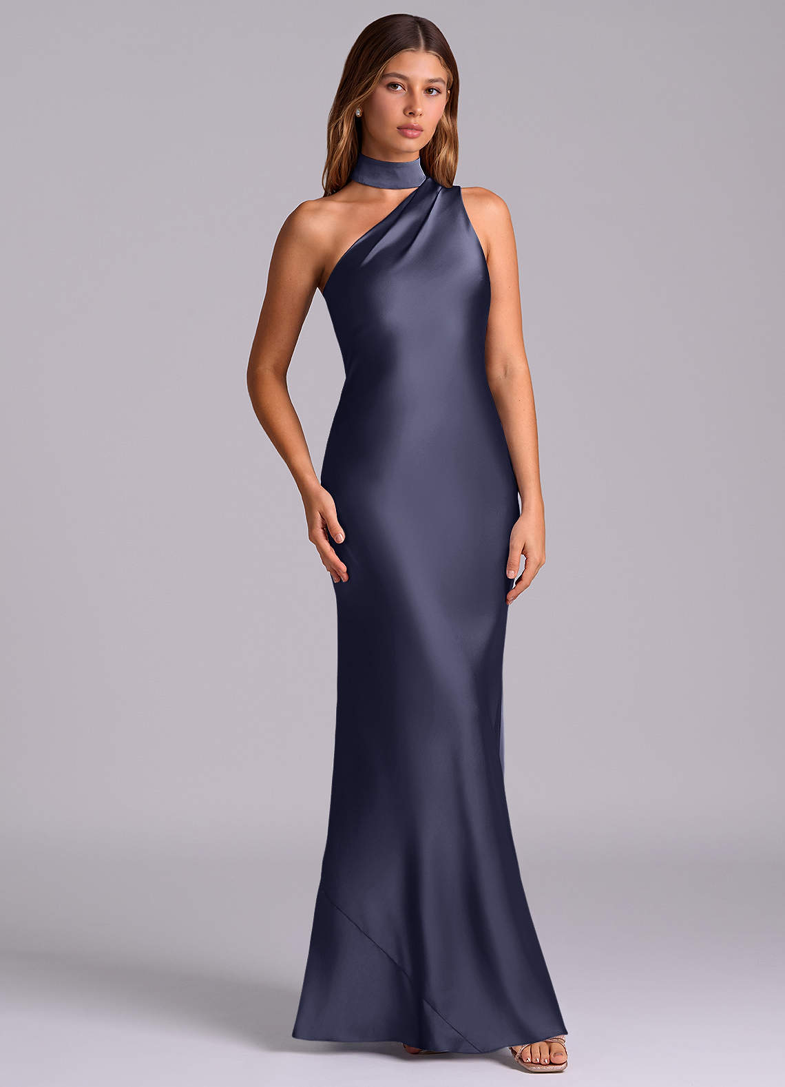 Seona Mermaid One-Shoulder Stretch Satin and Tulle Bridesmaid Dress in Stormy