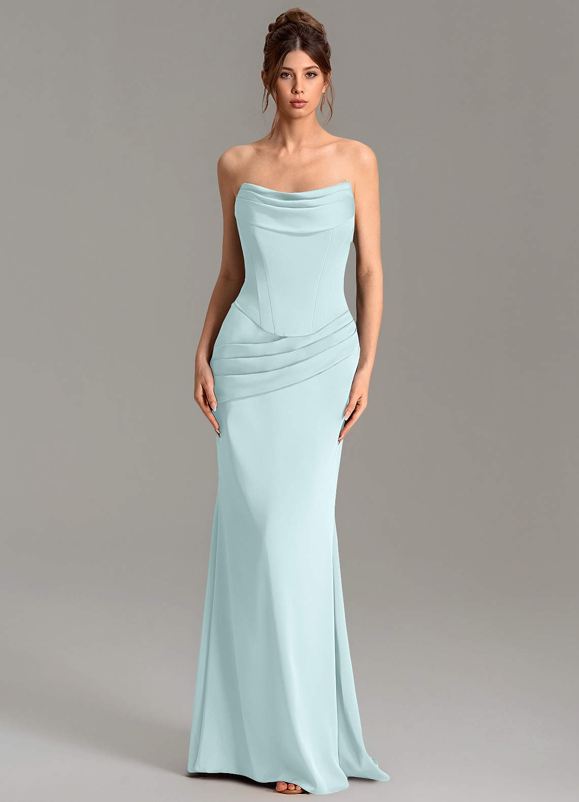 Adrienne Mermaid Cowl-Neck Stretch Satin Bridesmaid Dress in Sea Glass