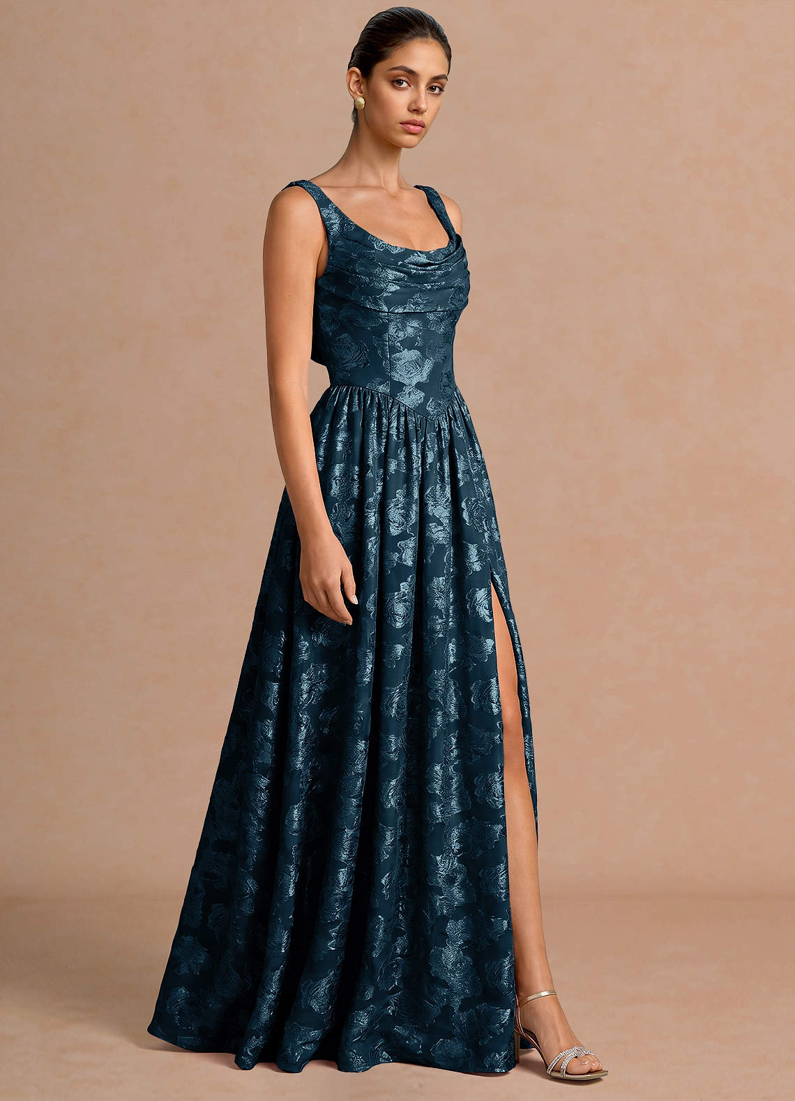 Novi A-Line Draped-Neck Floral Fil Coupé Evening Dress in Navy