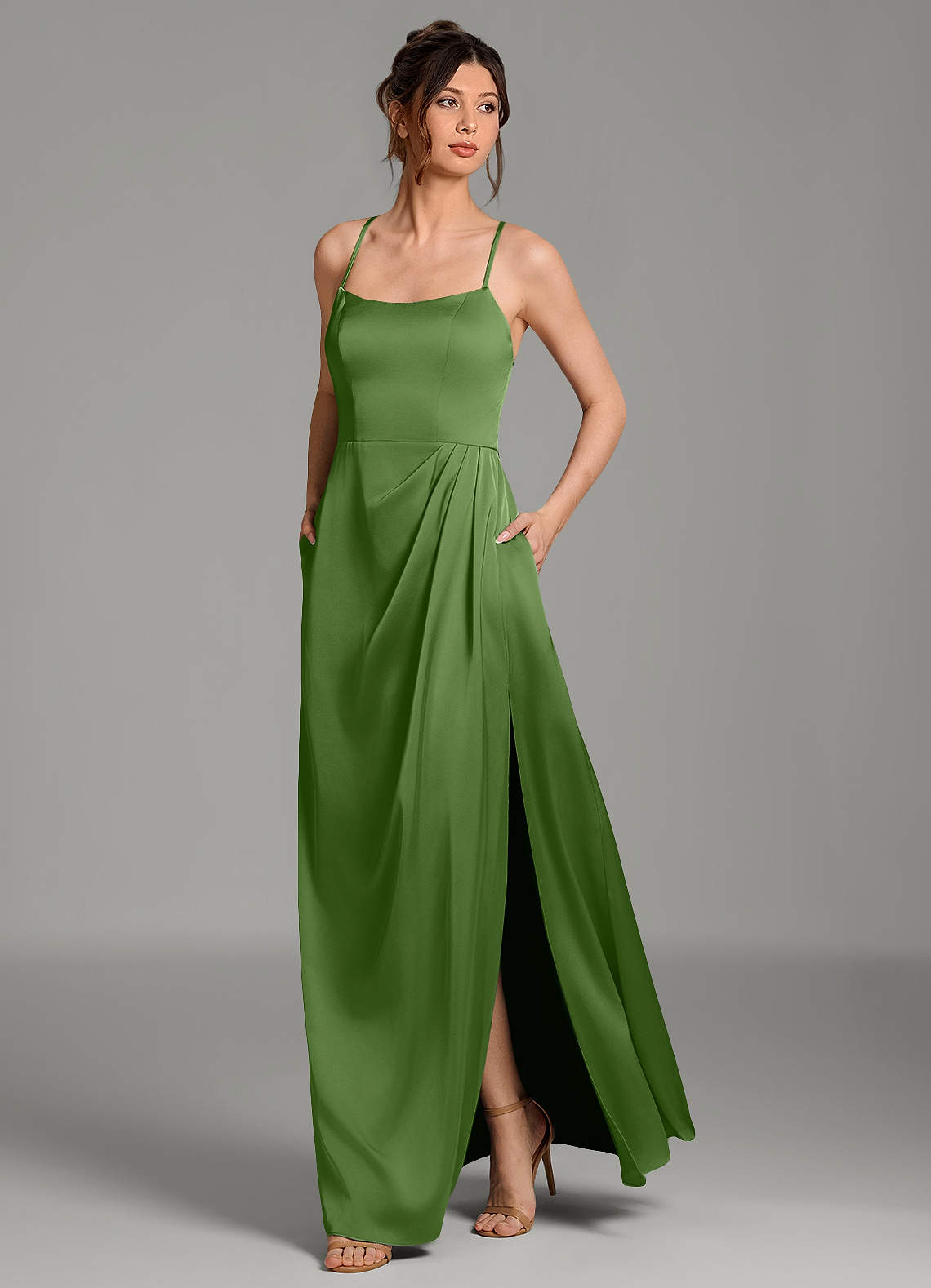 Frankie A-Line Scoop-Neck Stretch Satin Bridesmaid Dress in Basil