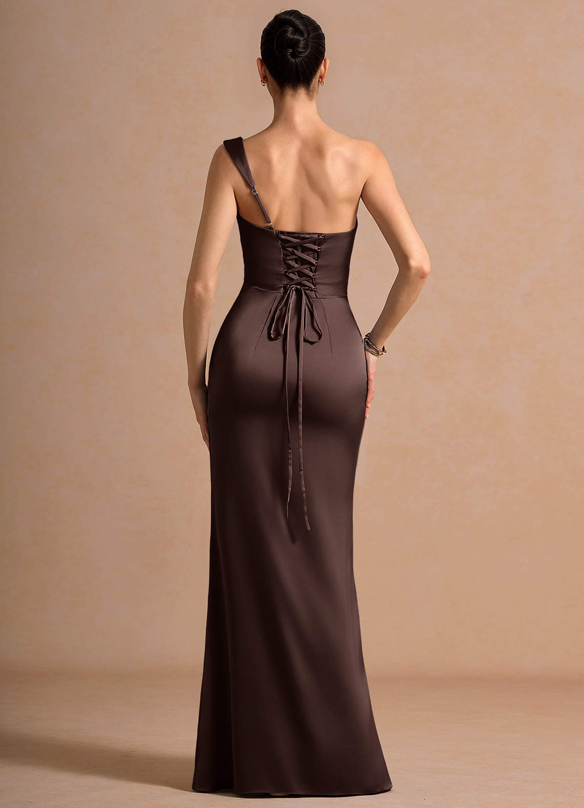Cassiopeia One-Shoulder Draped Stretch Satin Evening Dress in Truffle