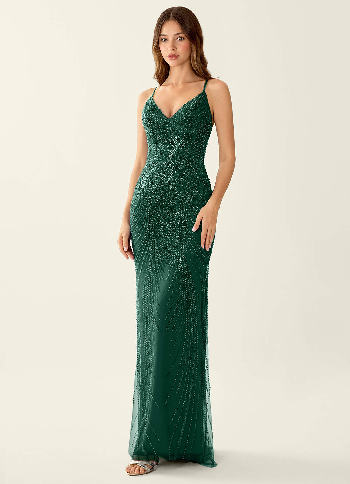 Magnolia Mermaid Beaded Sequined Stretch Mesh Evening Dress in green