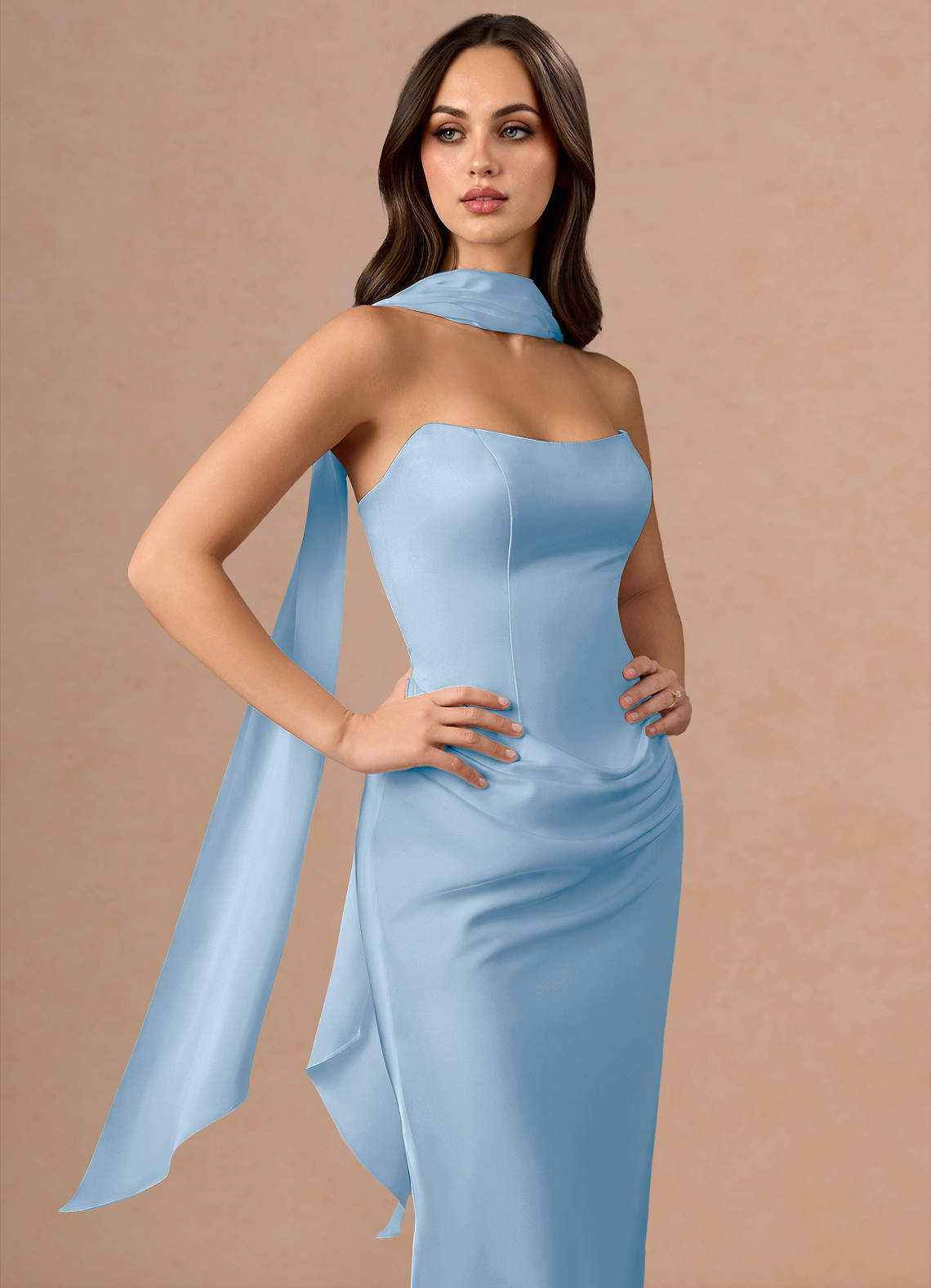 Valencia Scarf Lace-Up Stretch Satin Evening Dress in Haze blue