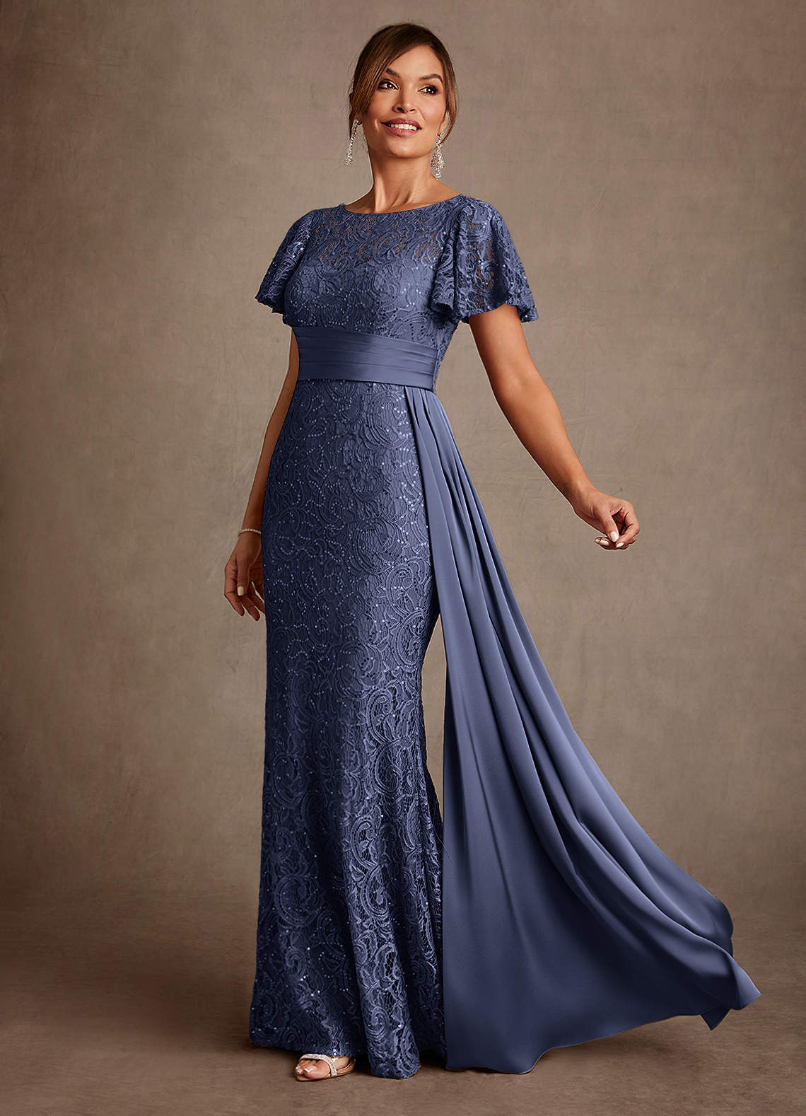 Harrison Mermaid Scoop-Neck Stretch Satin and Lace Mother of the Bride Dress in Stormy