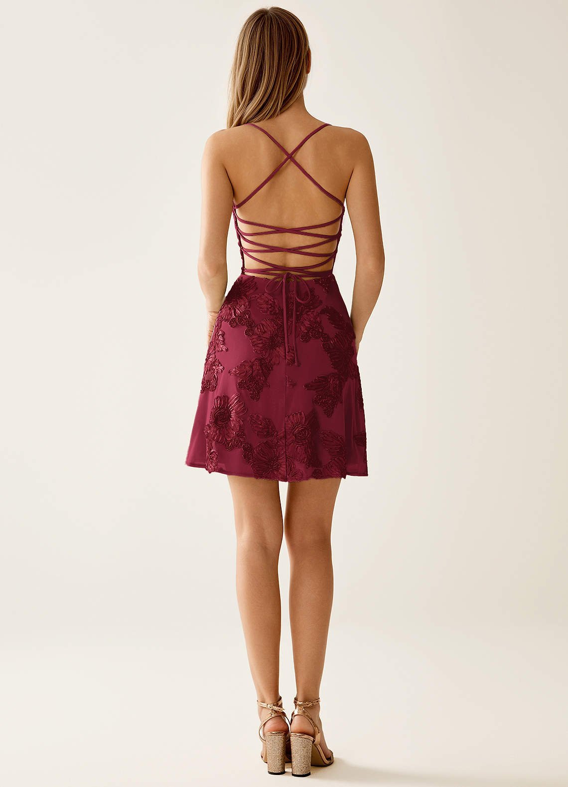 Lysandra A-Line Open-Back Stretch Lace Prom Dress in Burgundy