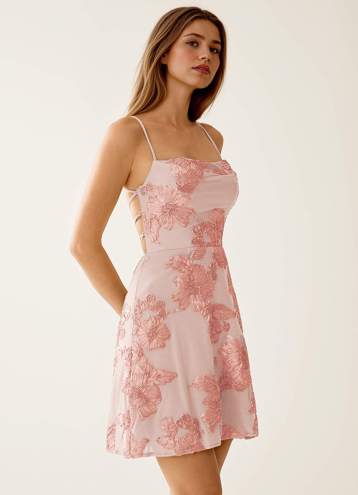 Lysandra A-Line Open-Back Stretch Lace Prom Dress in English Rose
