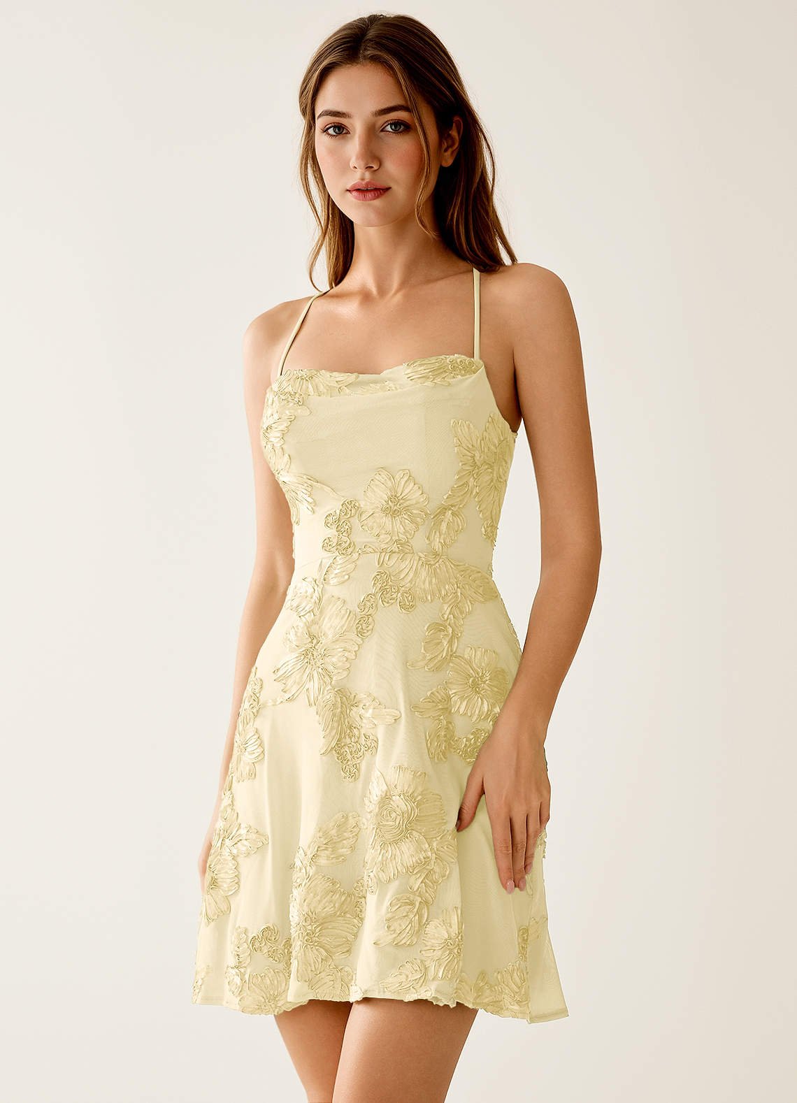 Lysandra A-Line Open-Back Stretch Lace Prom Dress in Lemon Sorbet