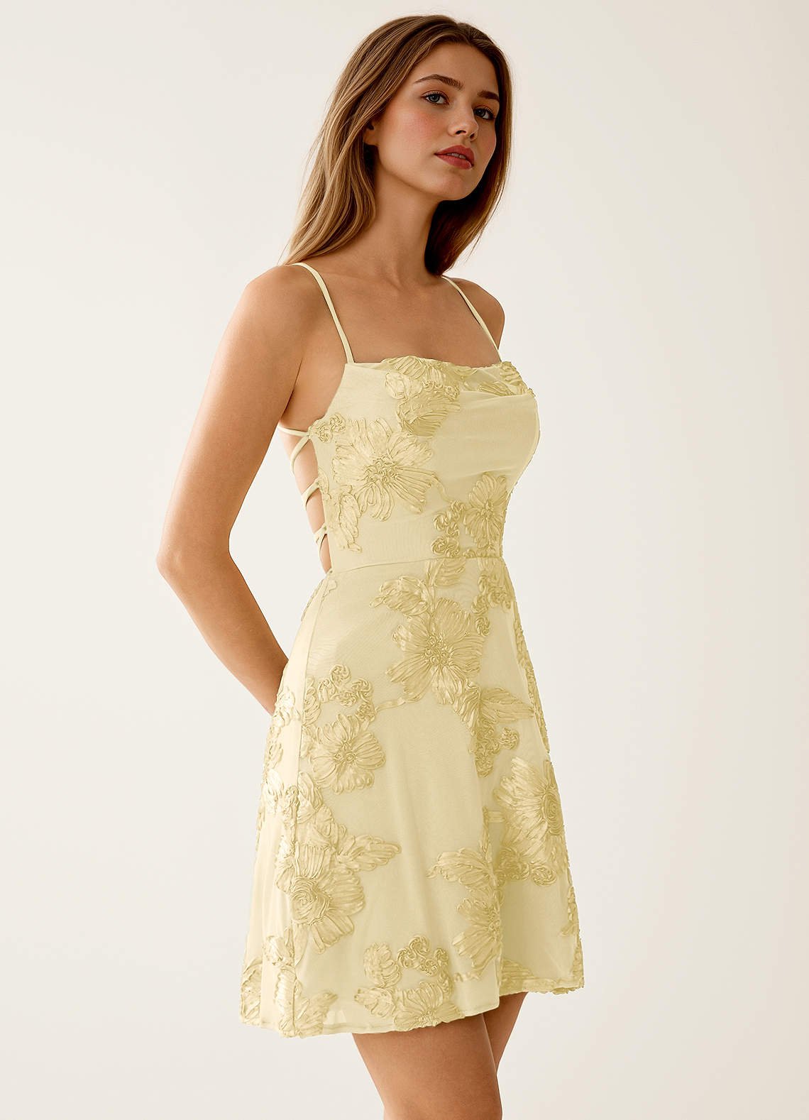 Lysandra A-Line Open-Back Stretch Lace Prom Dress in Lemon Sorbet