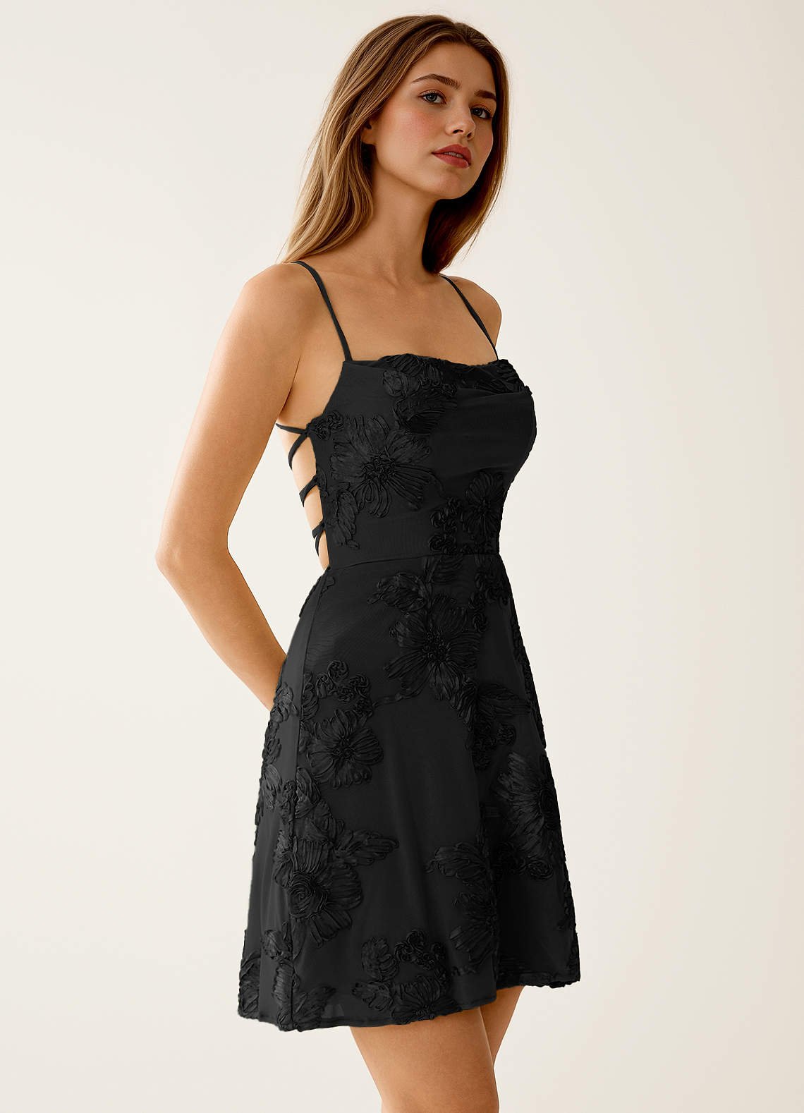 Lysandra A-Line Open-Back Stretch Lace Prom Dress in black