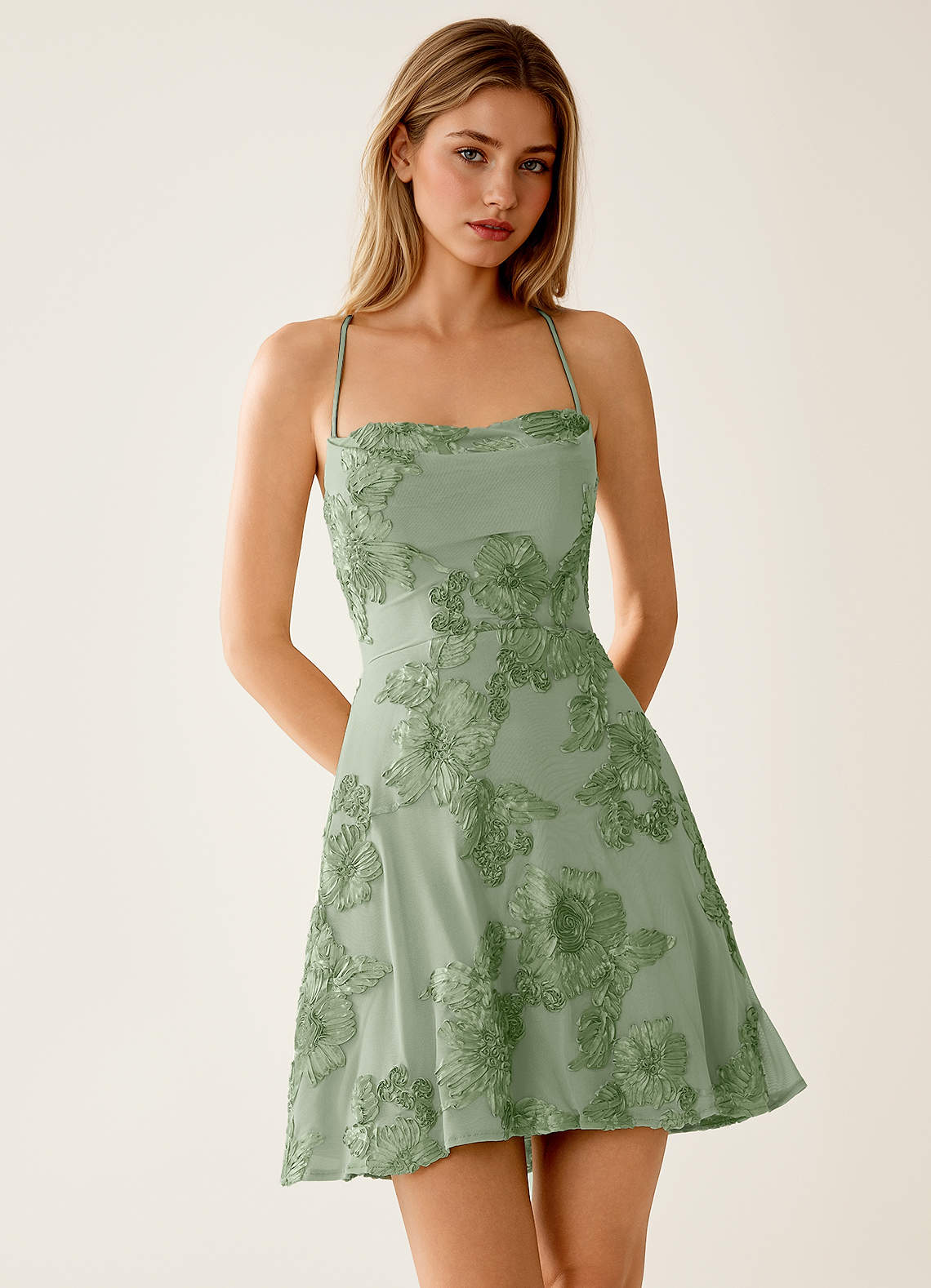 Lysandra A-Line Open-Back Stretch Lace Prom Dress in Sage