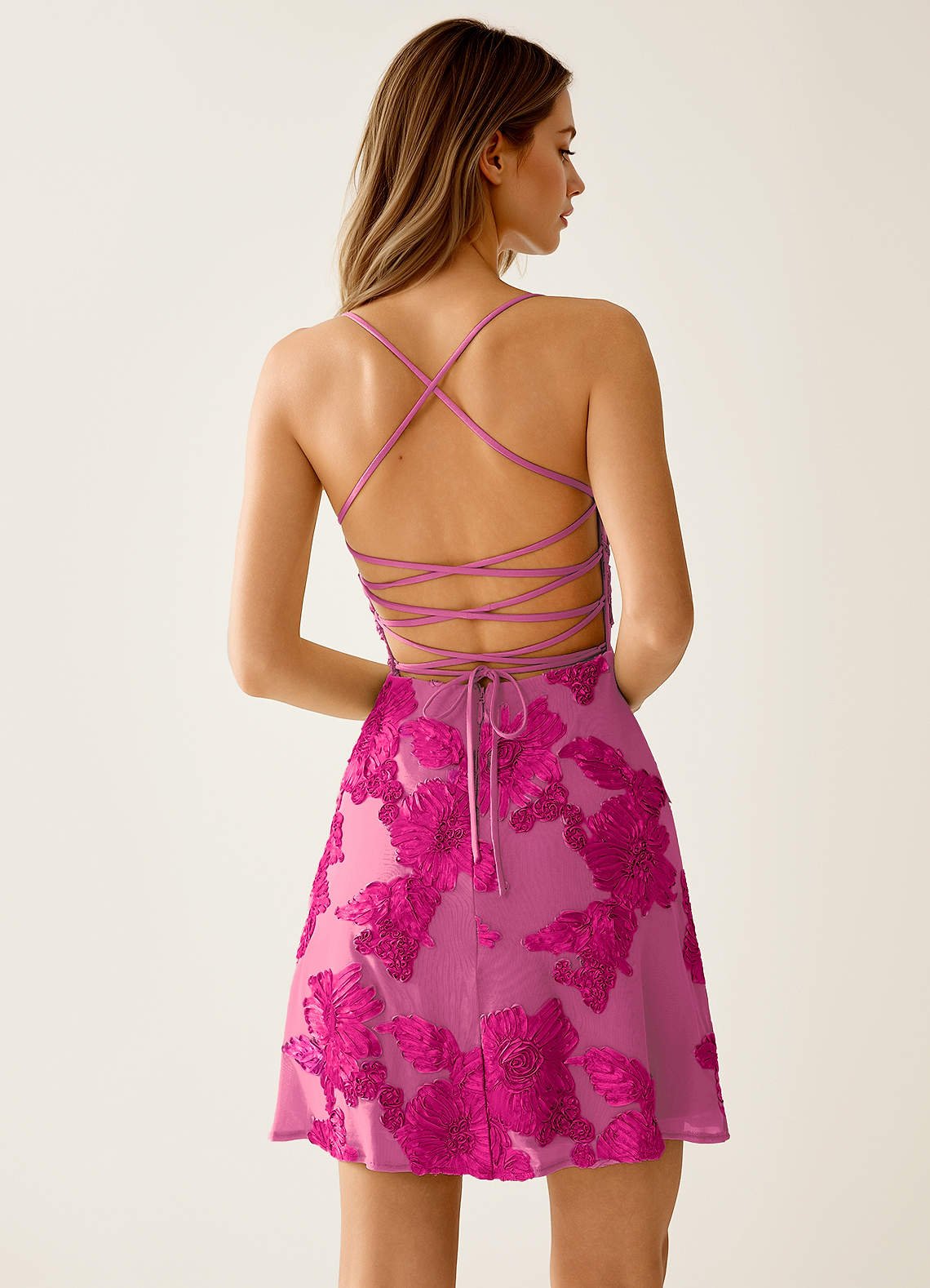 Lysandra A-Line Open-Back Stretch Lace Prom Dress in Fuchsia