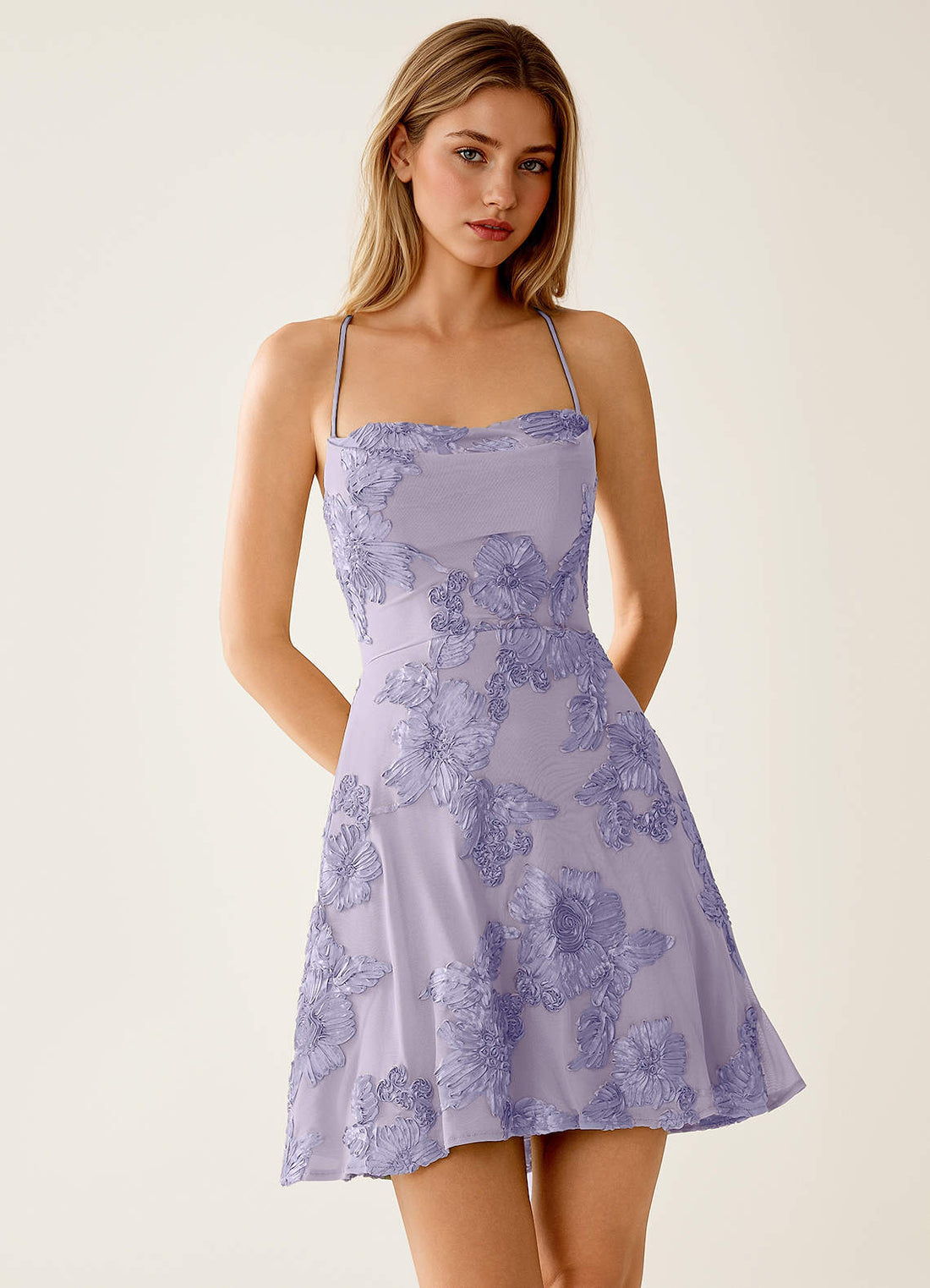 Lysandra A-Line Open-Back Stretch Lace Prom Dress in Pale Purple