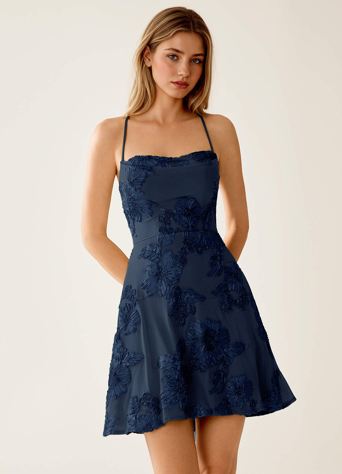 Lysandra A-Line Open-Back Stretch Lace Prom Dress in Navy Blue