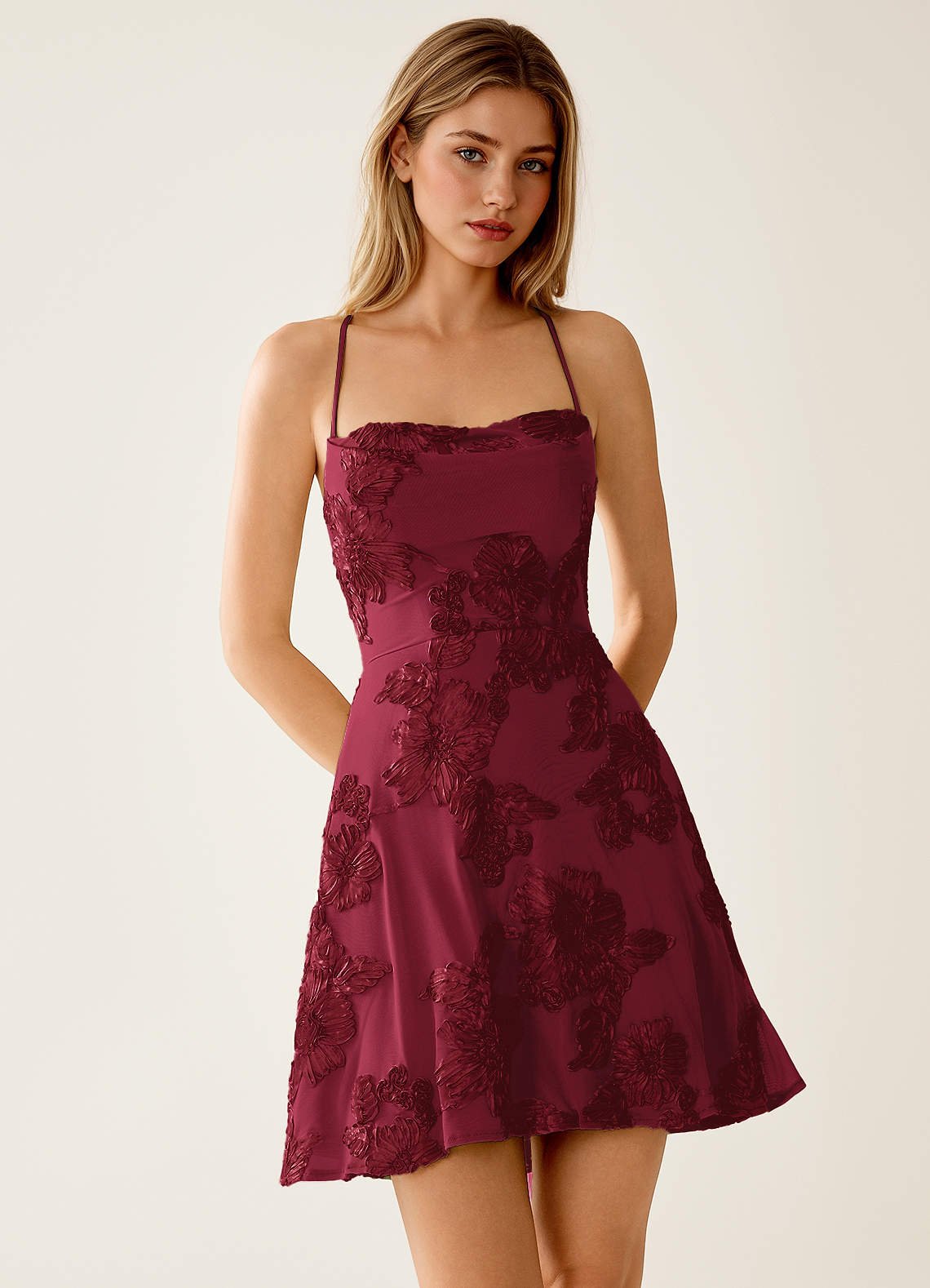 Lysandra A-Line Open-Back Stretch Lace Prom Dress in Burgundy