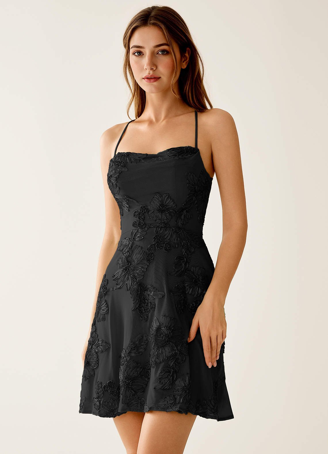 Lysandra A-Line Open-Back Stretch Lace Prom Dress in black