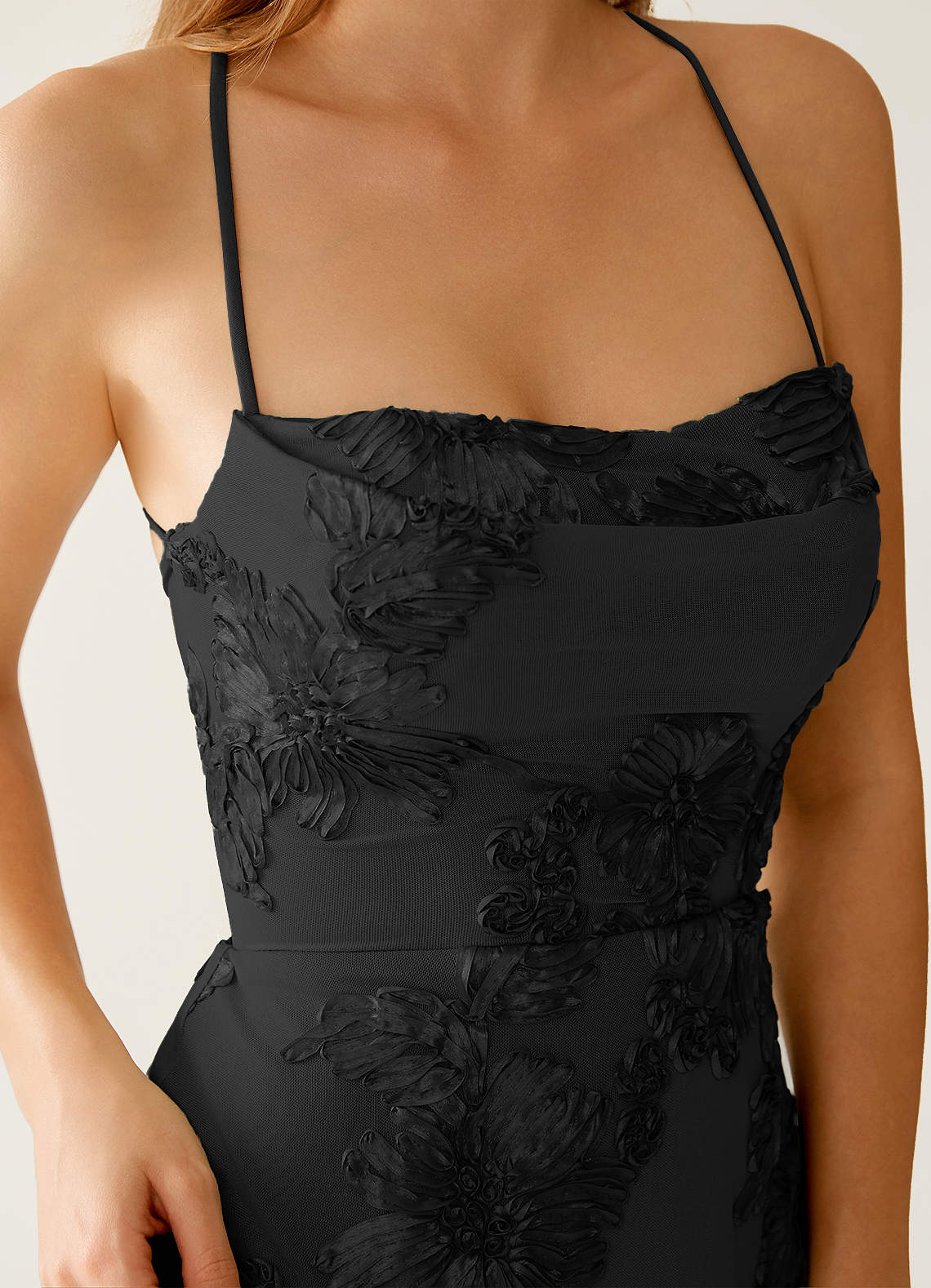 Lysandra A-Line Open-Back Stretch Lace Prom Dress in black