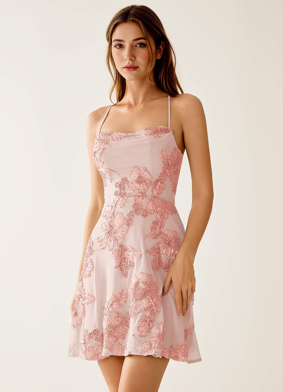 Lysandra A-Line Open-Back Stretch Lace Prom Dress in English Rose