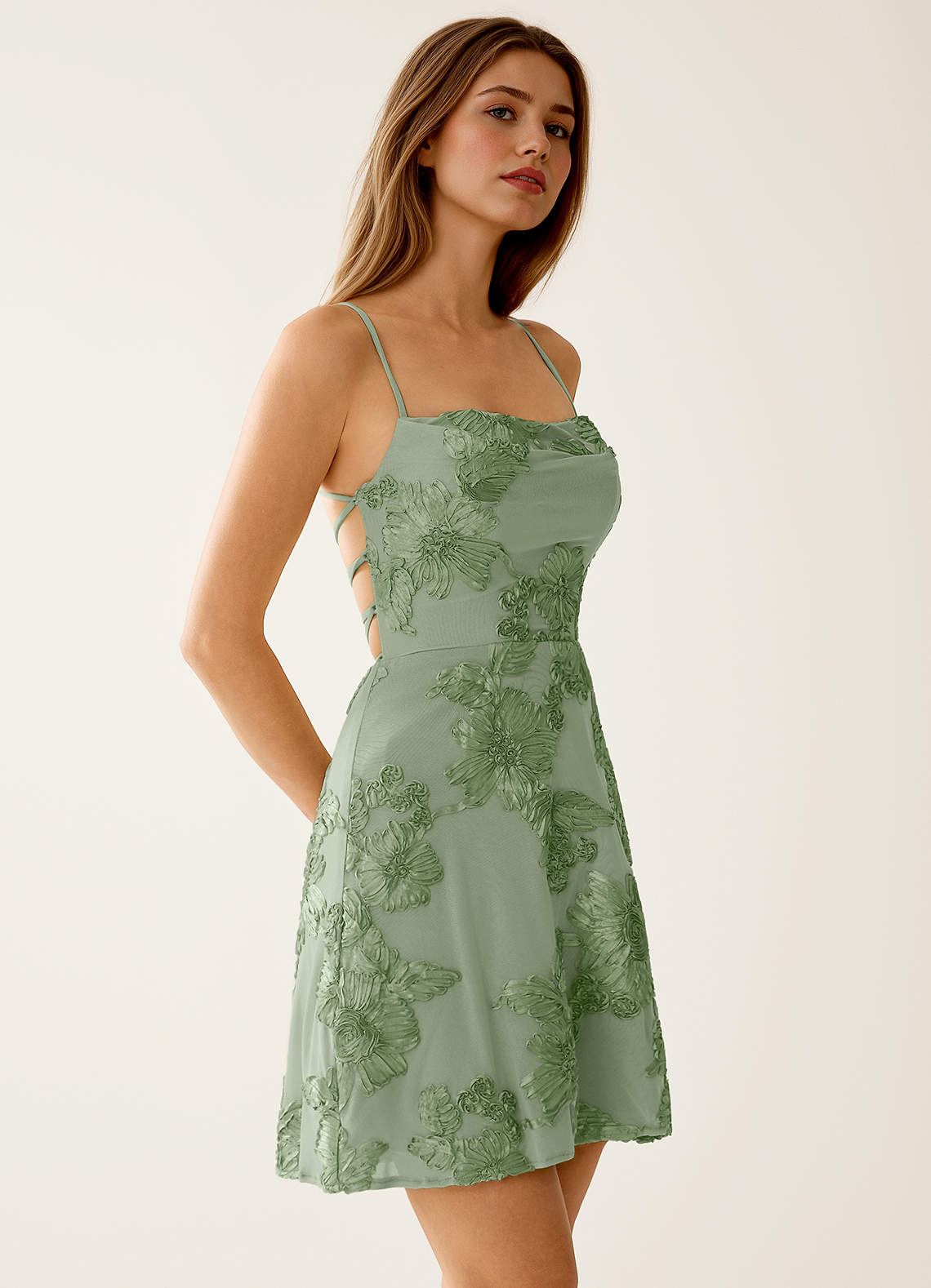 Lysandra A-Line Open-Back Stretch Lace Prom Dress in Sage
