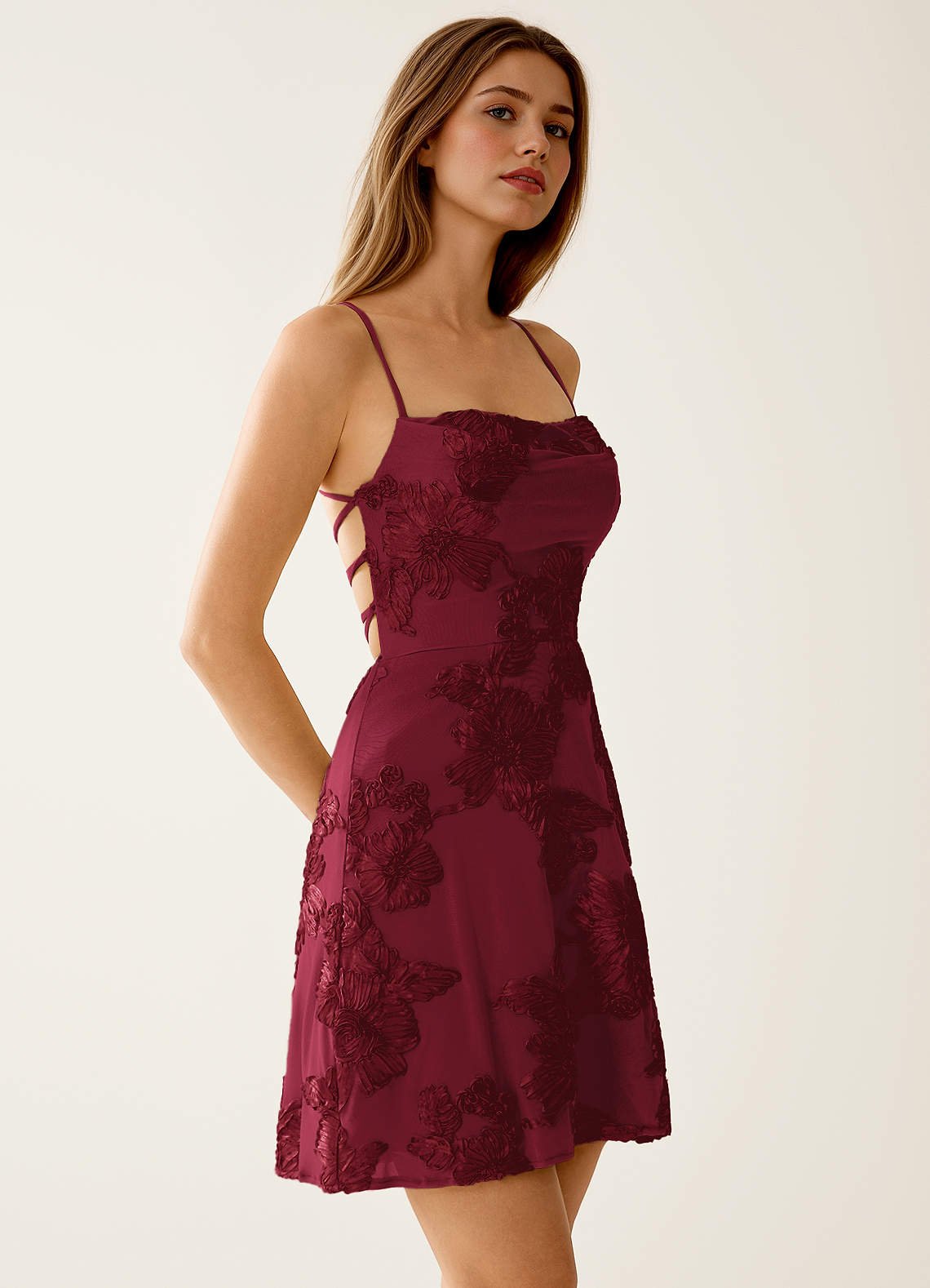 Lysandra A-Line Open-Back Stretch Lace Prom Dress in Burgundy