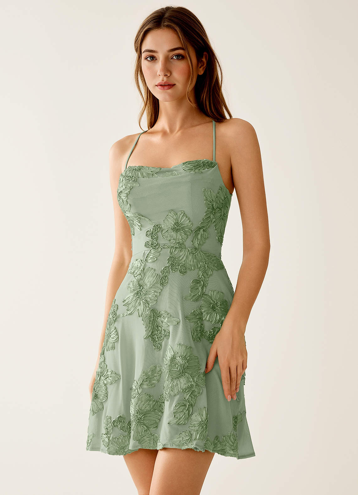 Lysandra A-Line Open-Back Stretch Lace Prom Dress in Sage