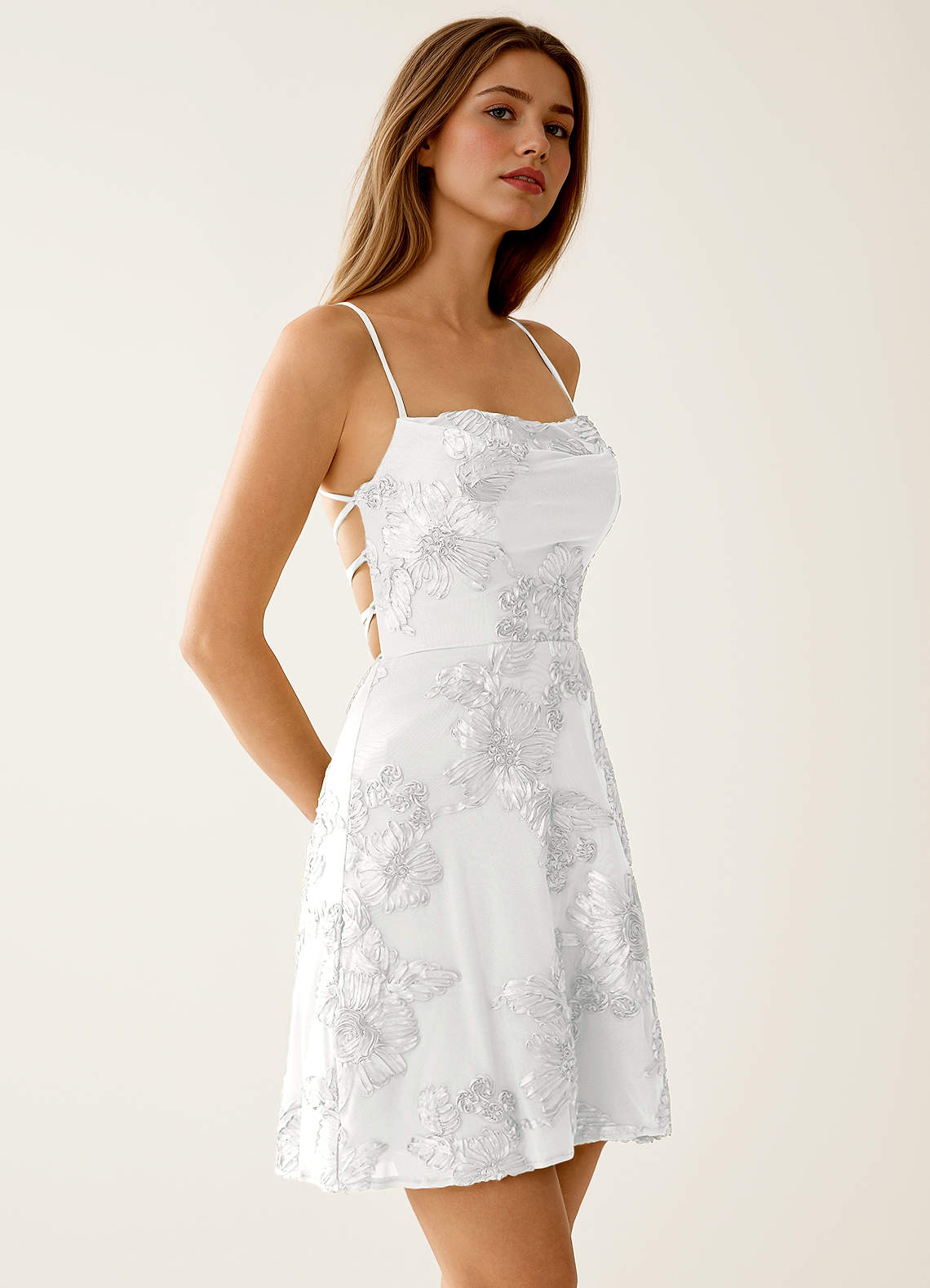 Lysandra A-Line Open-Back Stretch Lace Prom Dress in white
