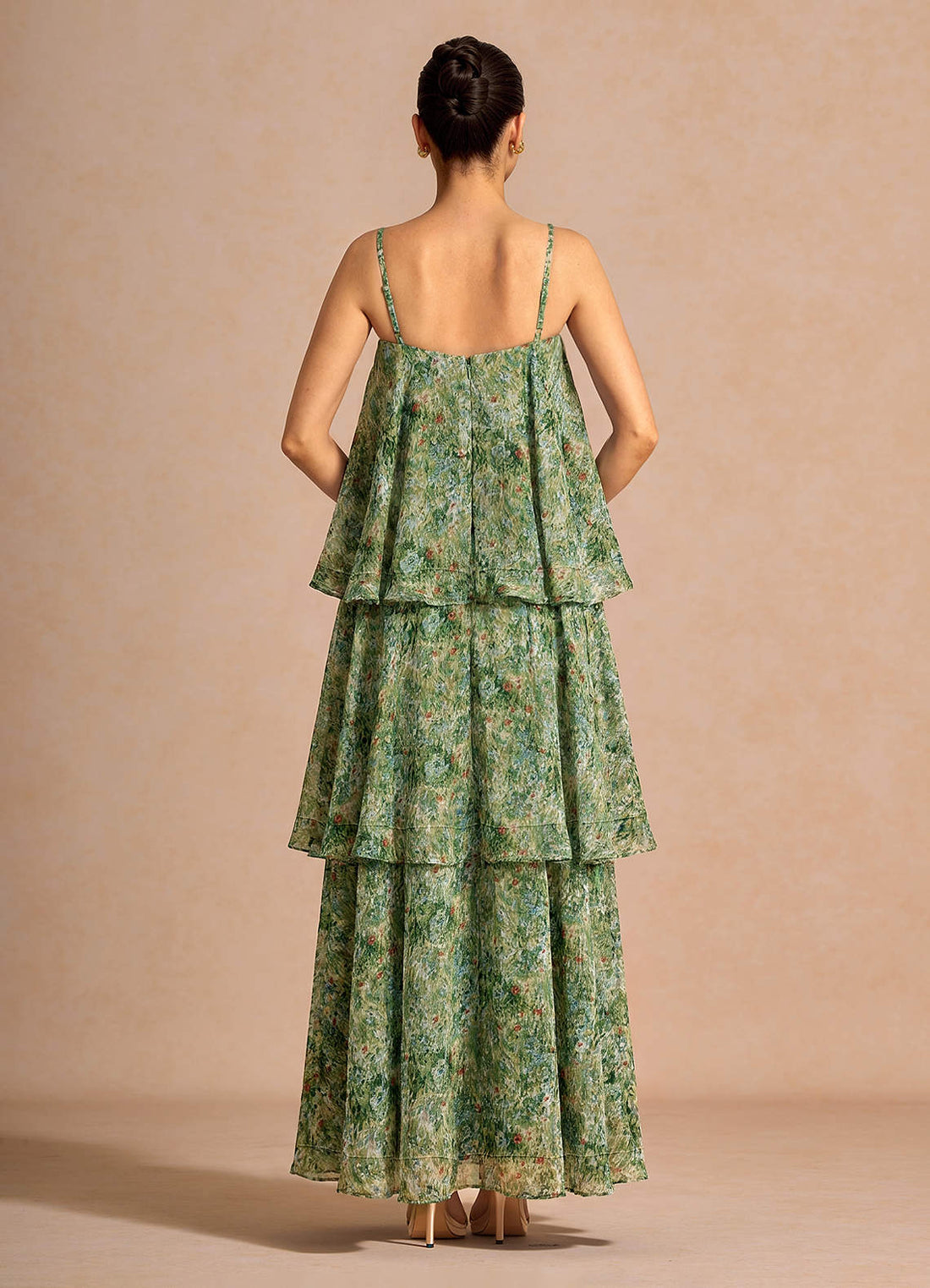 Itasca A-Line Tiered Printed Chiffon Evening Dress in Green Floral